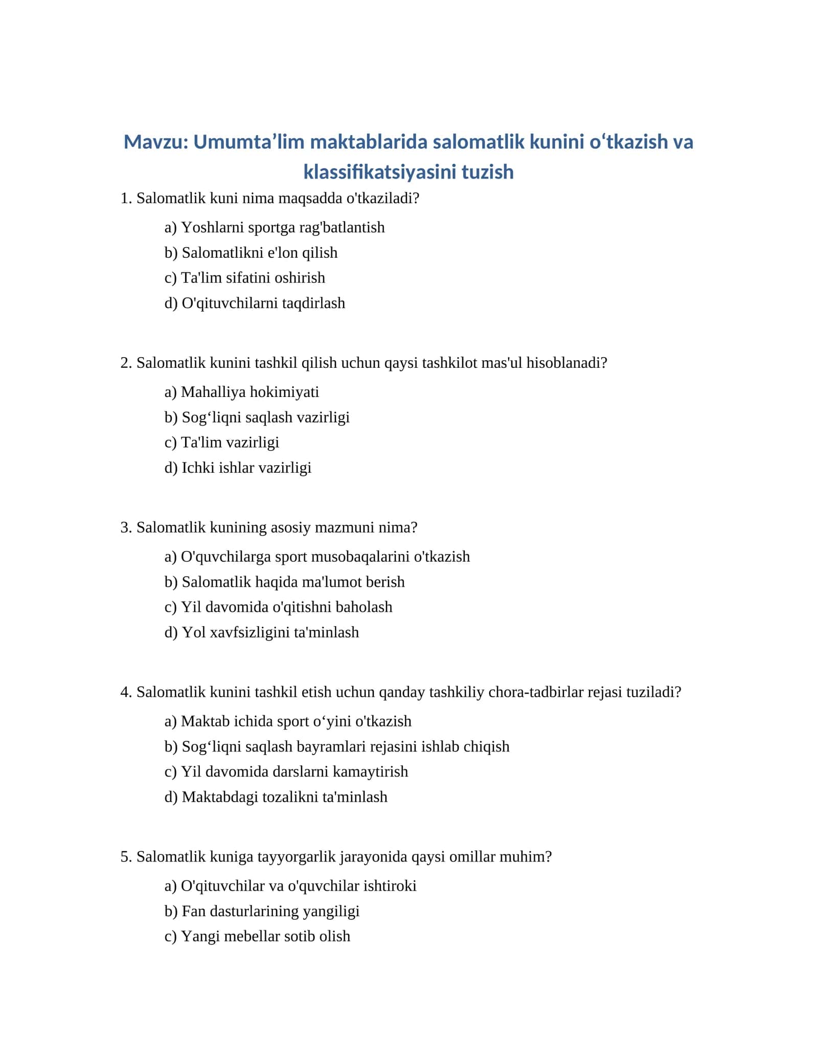 Salomatlik kunini tashkil etish uchun tadbirlar rejasi 1