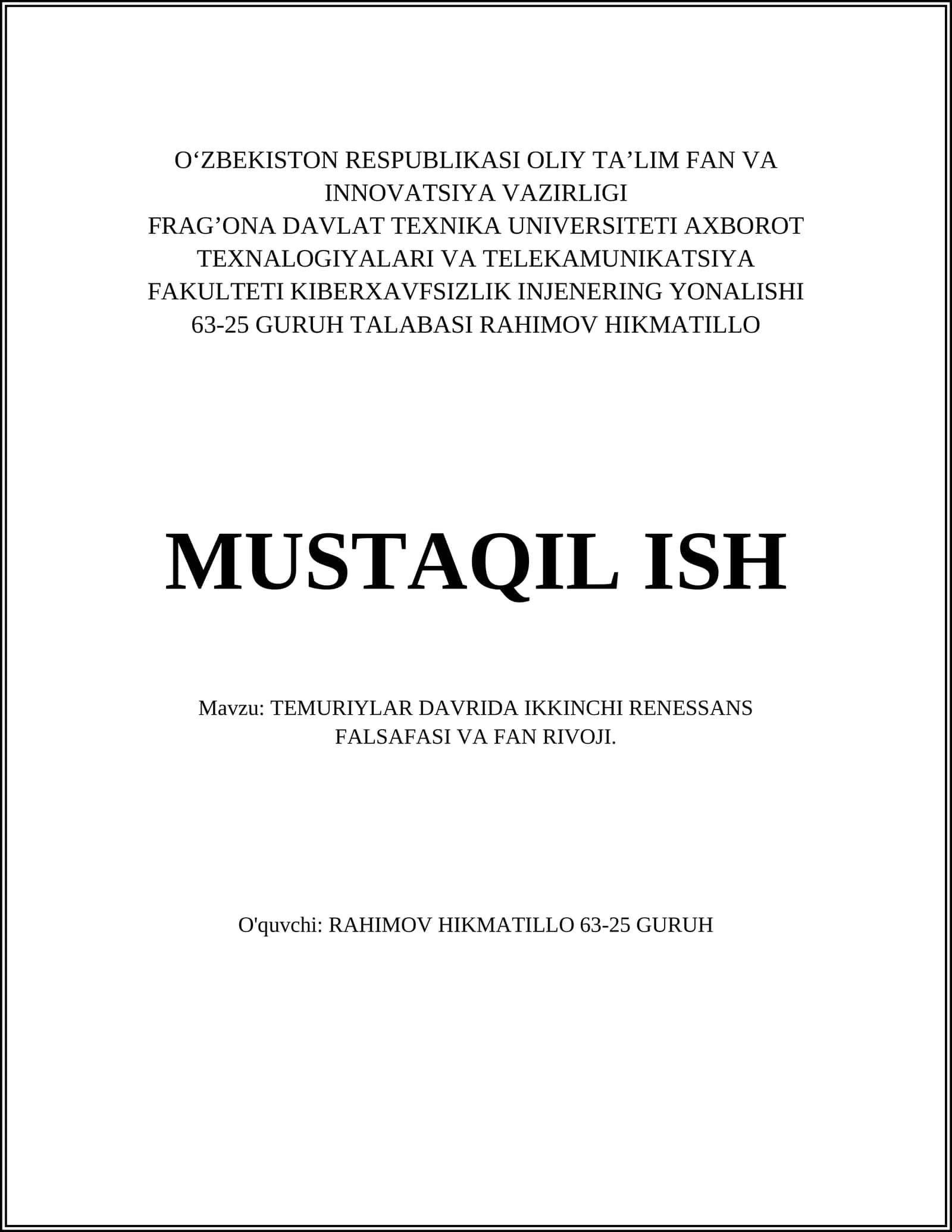 TEMURIYLAR DAVRIDA IKKINCHI RENESSANS FALSAFASI VA FAN RIVOJI 1