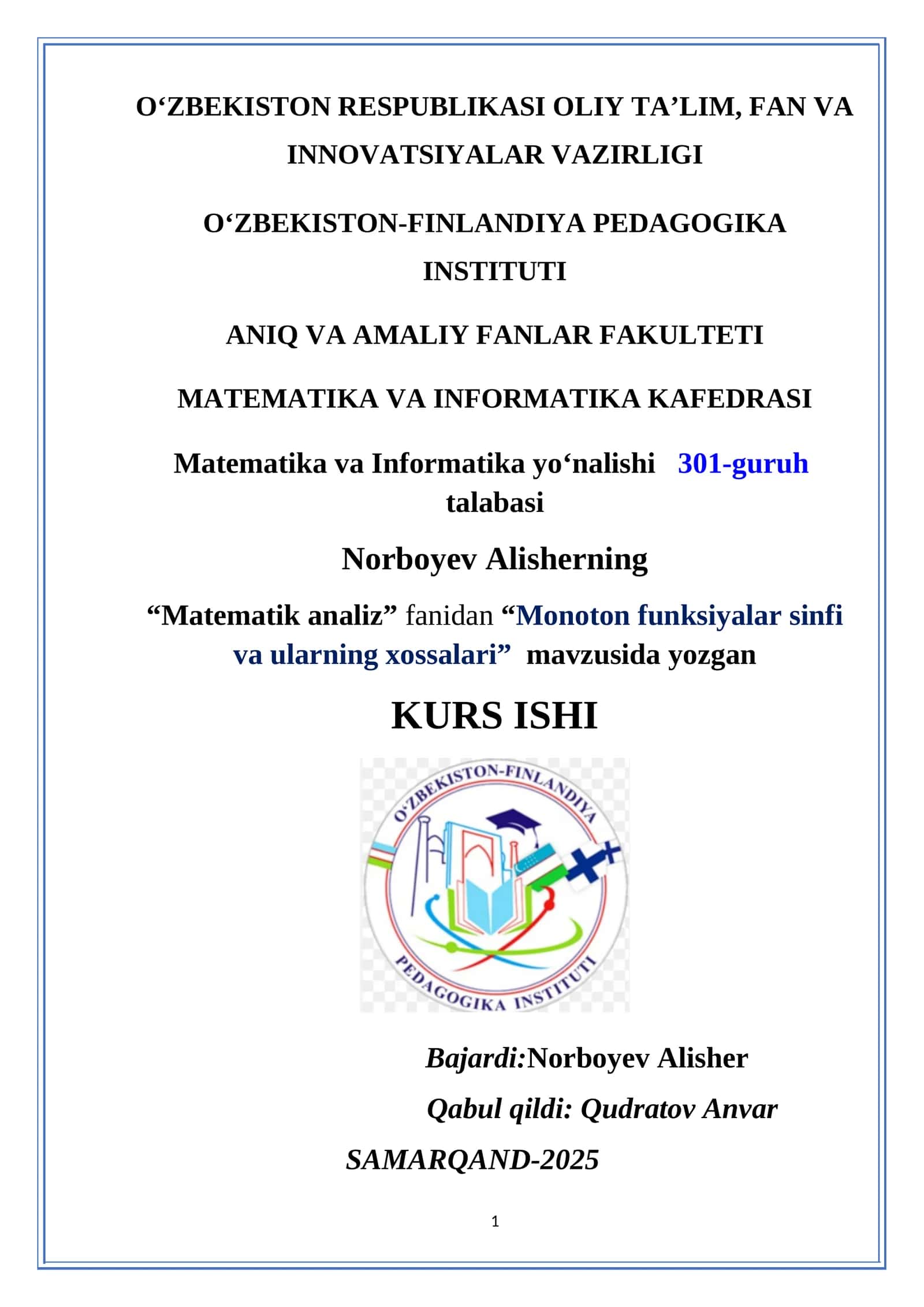 Monoton funksiyalar sinfi va ularning xossalari 1