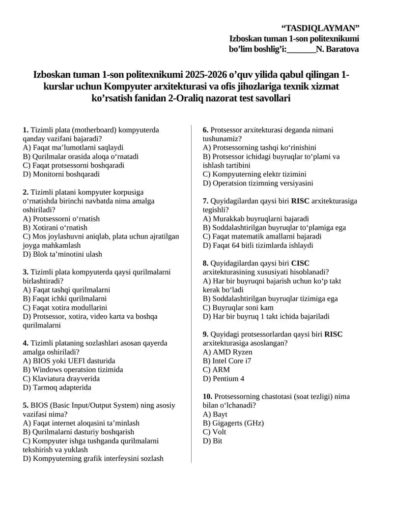 Kompyuter arxitekturasi 2-oraliq nazorat 1
