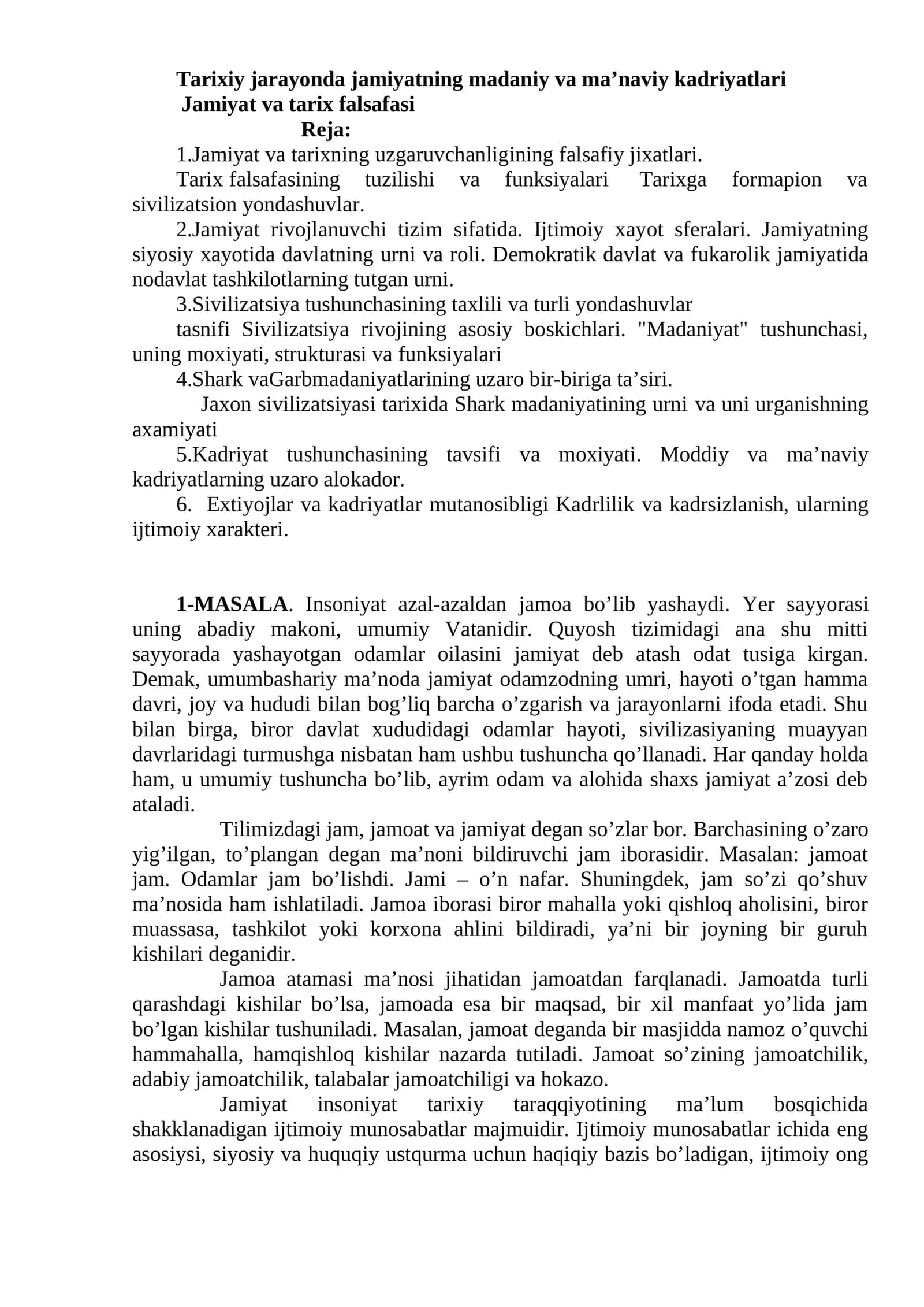 Tarixiy jarayonda jamiyatning madaniy va ma’naviy kadriyatlari 1