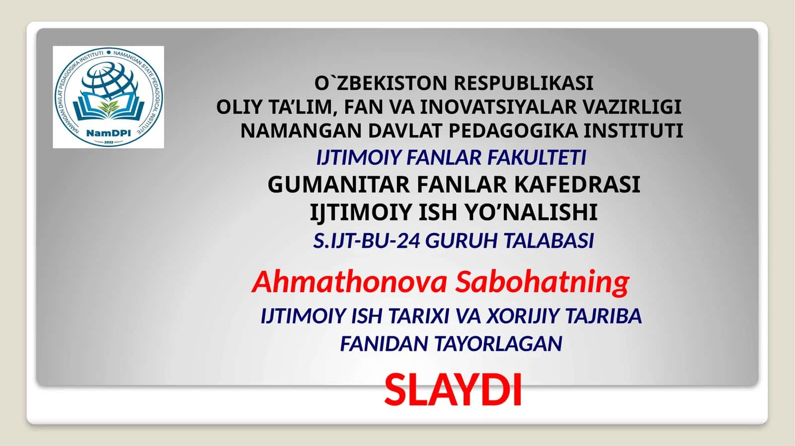 Slayd "Ijtimoiy ishning axloqiy va insonparvarlik xususiyati" 1