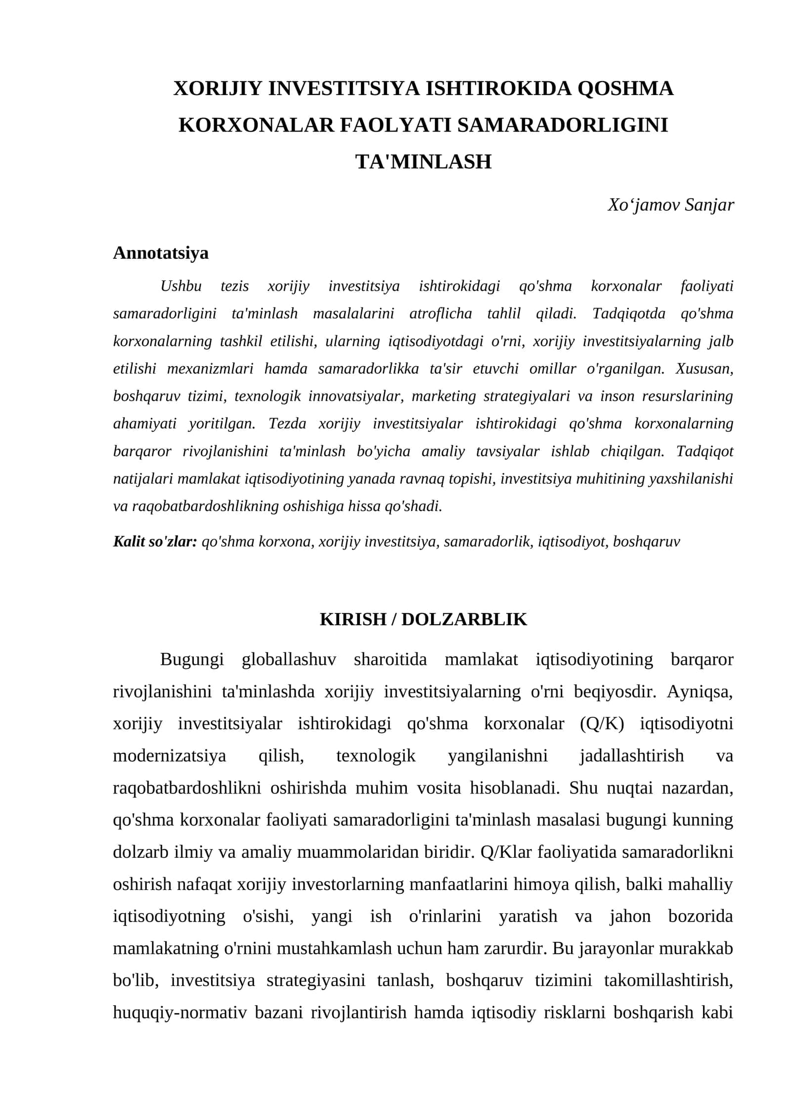 XORIJIY INVESTITSIYA ISHTIROKIDA QOSHMA KORXONALAR FAOLYATI SAMARADORLIGINI TA'MINLASH 1