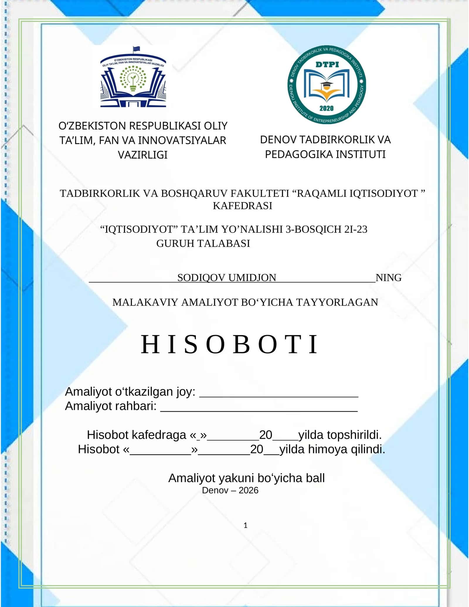 Xorazm viloyati hududiy boshqarmasining tashkiliy tuzilmasi AMALYOT HISOBOTI 1