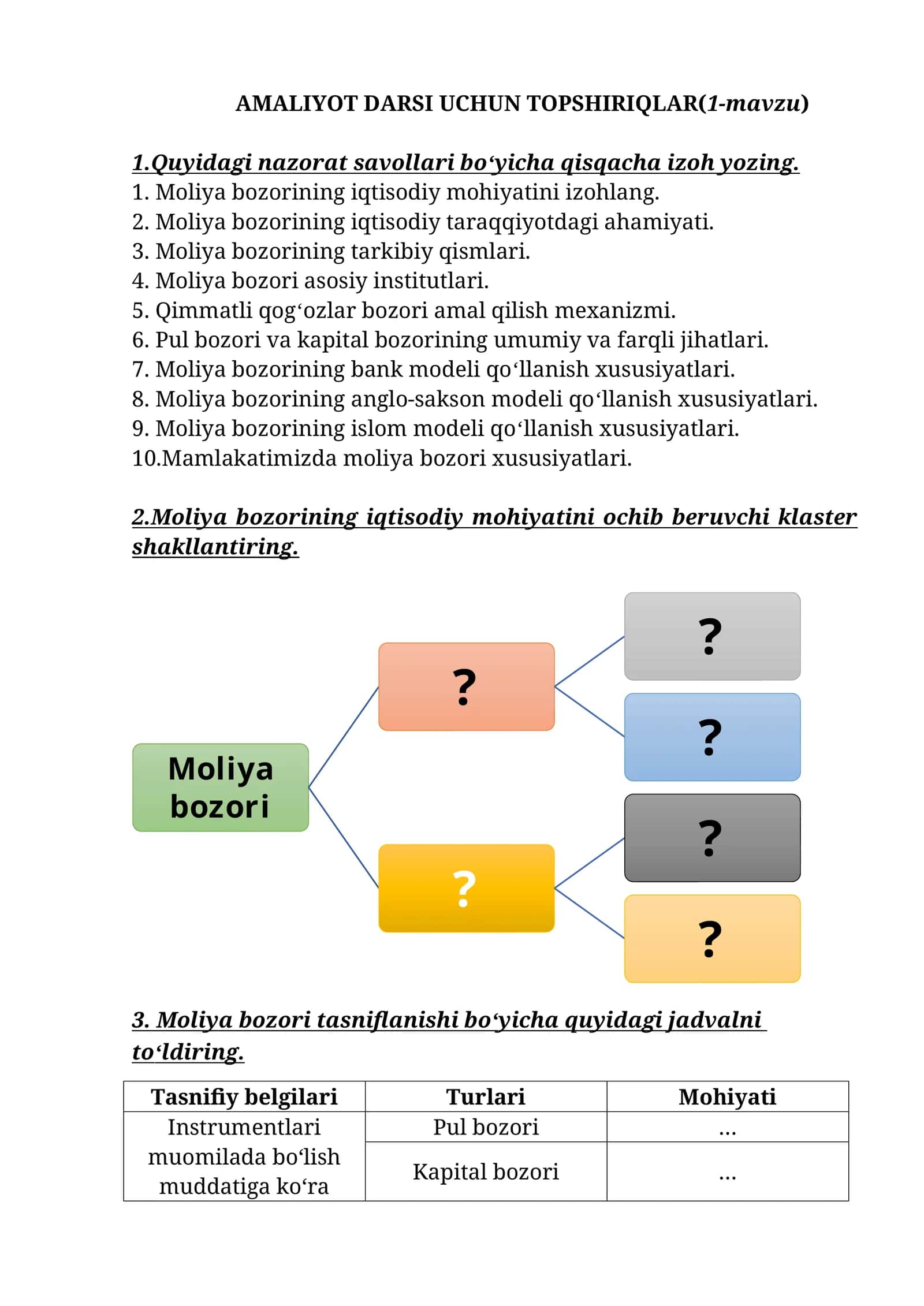 AMALIYOT DARSI UCHUN TOPSHIRIQLAR(1-mavzu) 1