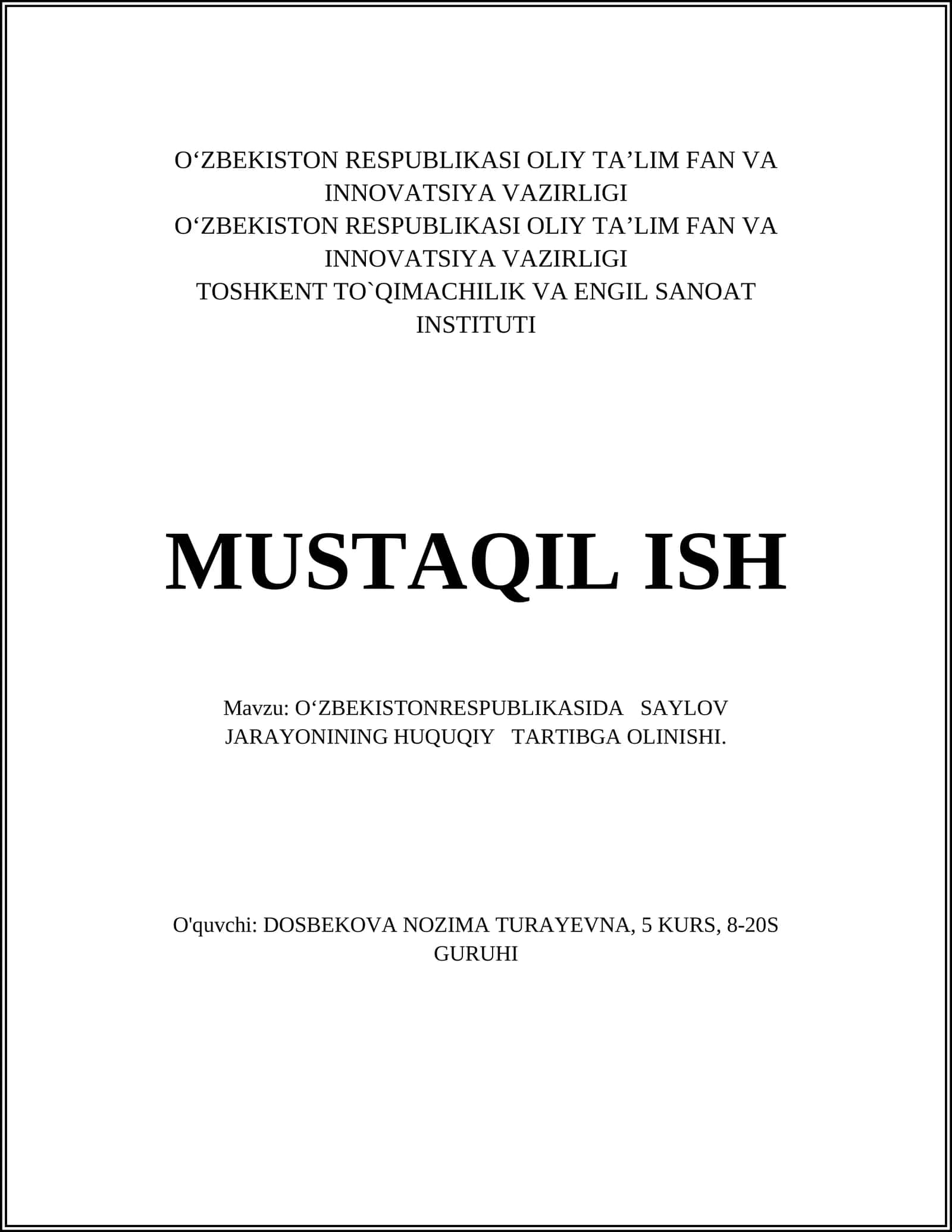 O'zbekiston Respublikasida Saylov Jarayonining Huquqiy Tartibga Olinishi 1