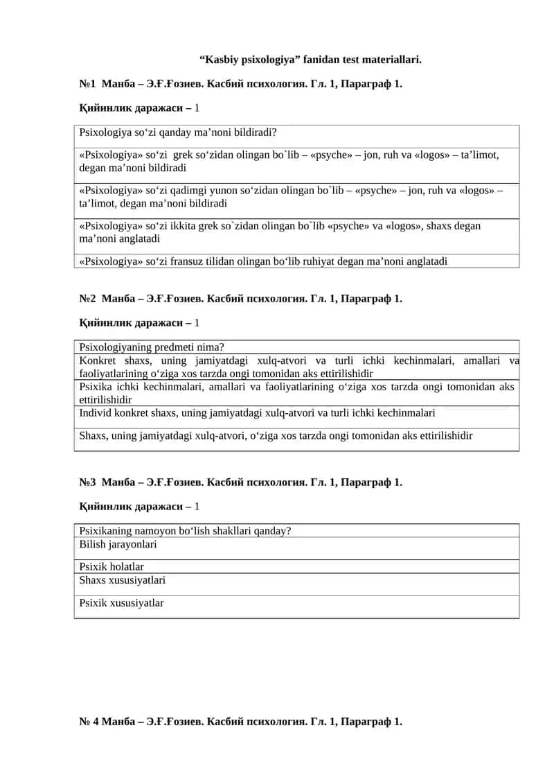 “Kasbiy psixologiya” fanidan test materiallari 1