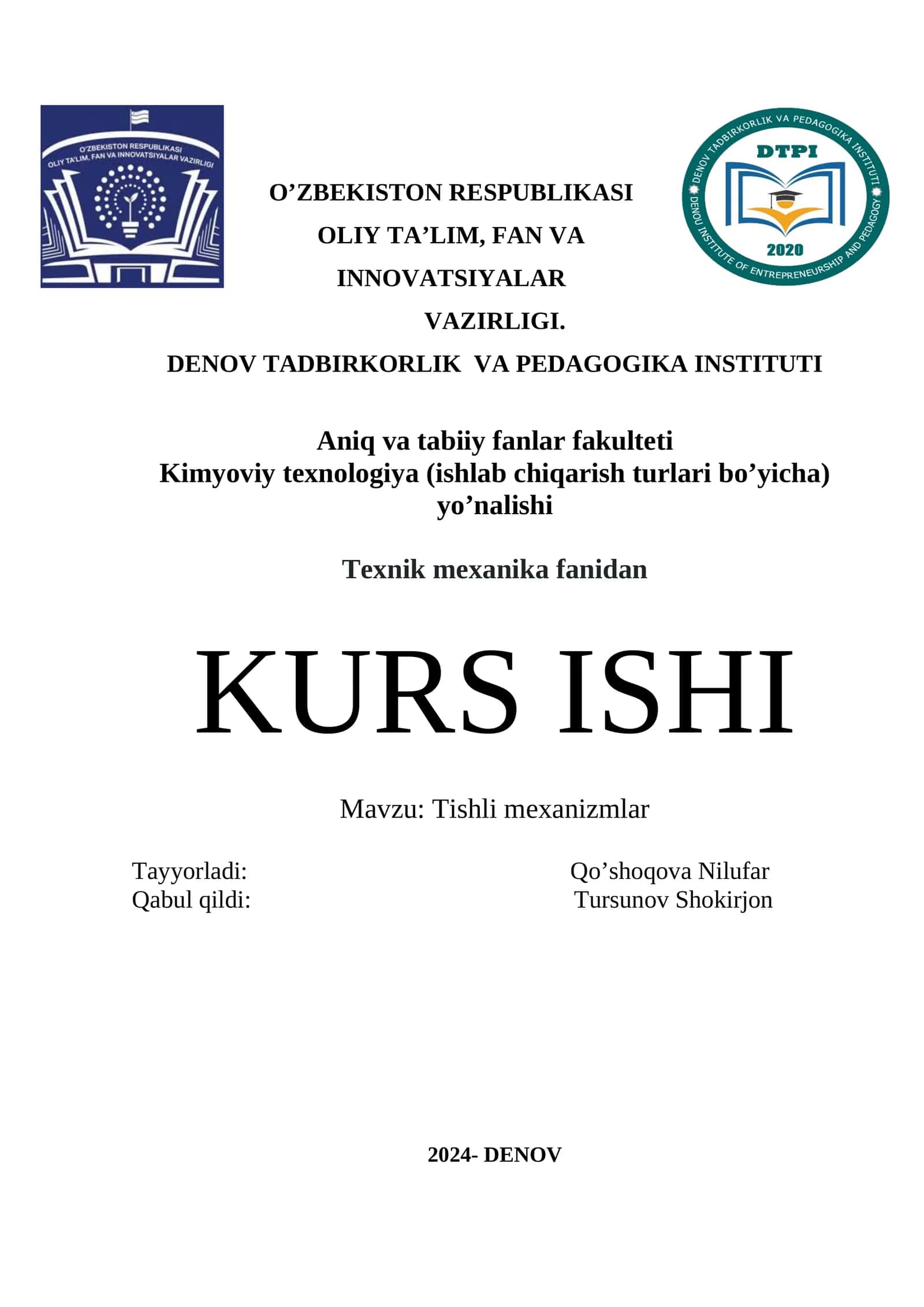 KURS ISHI: Tishli mexanizmlar 1