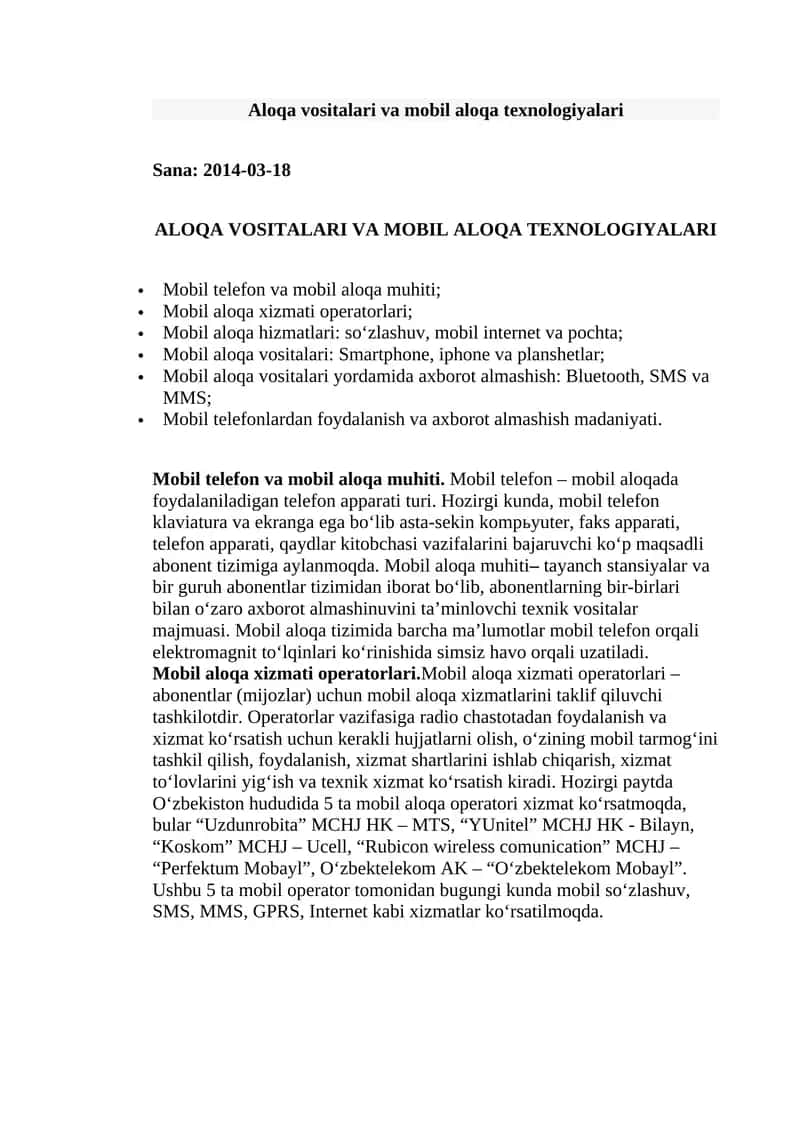 ALOQA VOSITALARI VA MOBIL ALOQA TEXNOLOGIYALARI 1