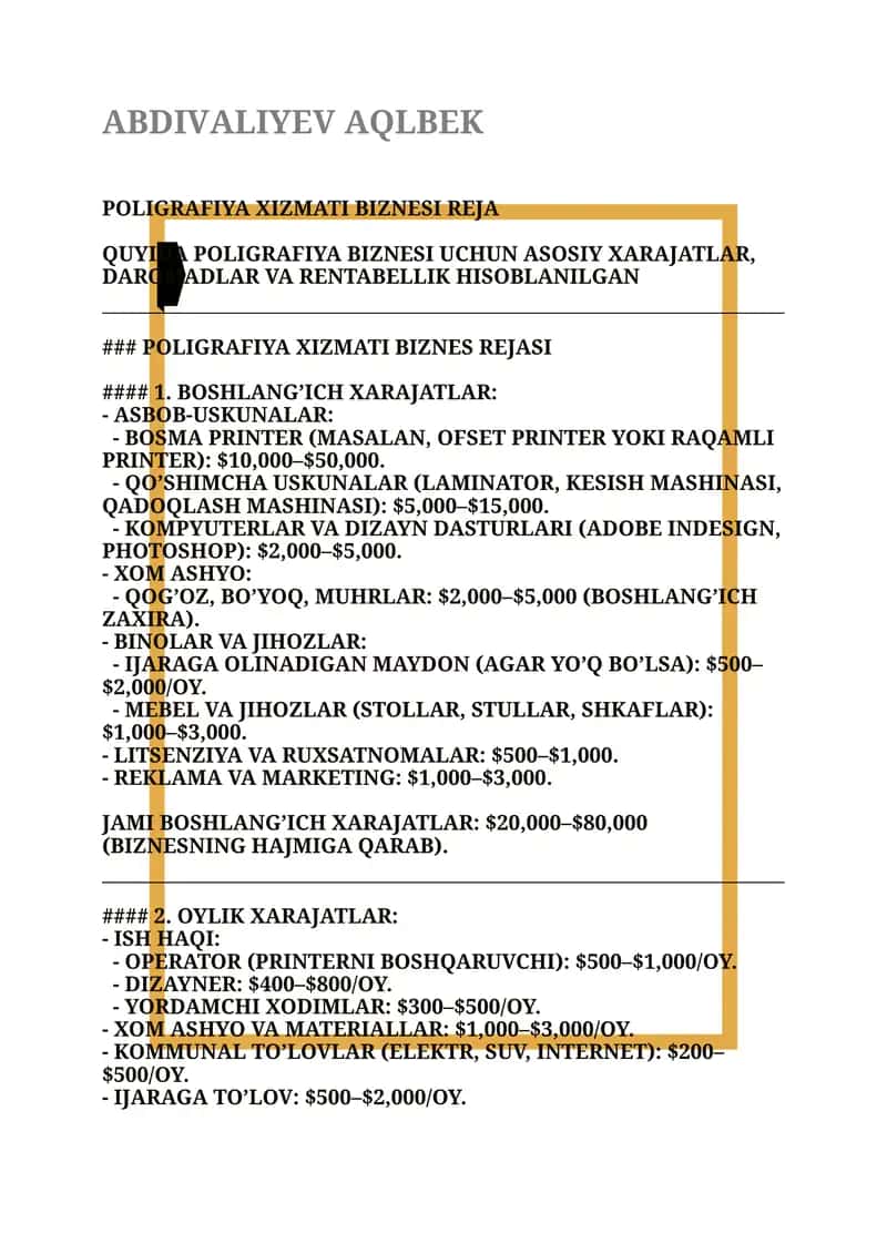 Poligrafiya Xizmati Biznes Rejasi 1