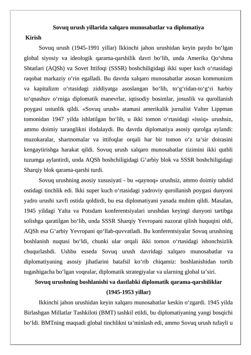 Sovuq urush yillarida xalqaro munosabatlar va diplomatiya 1