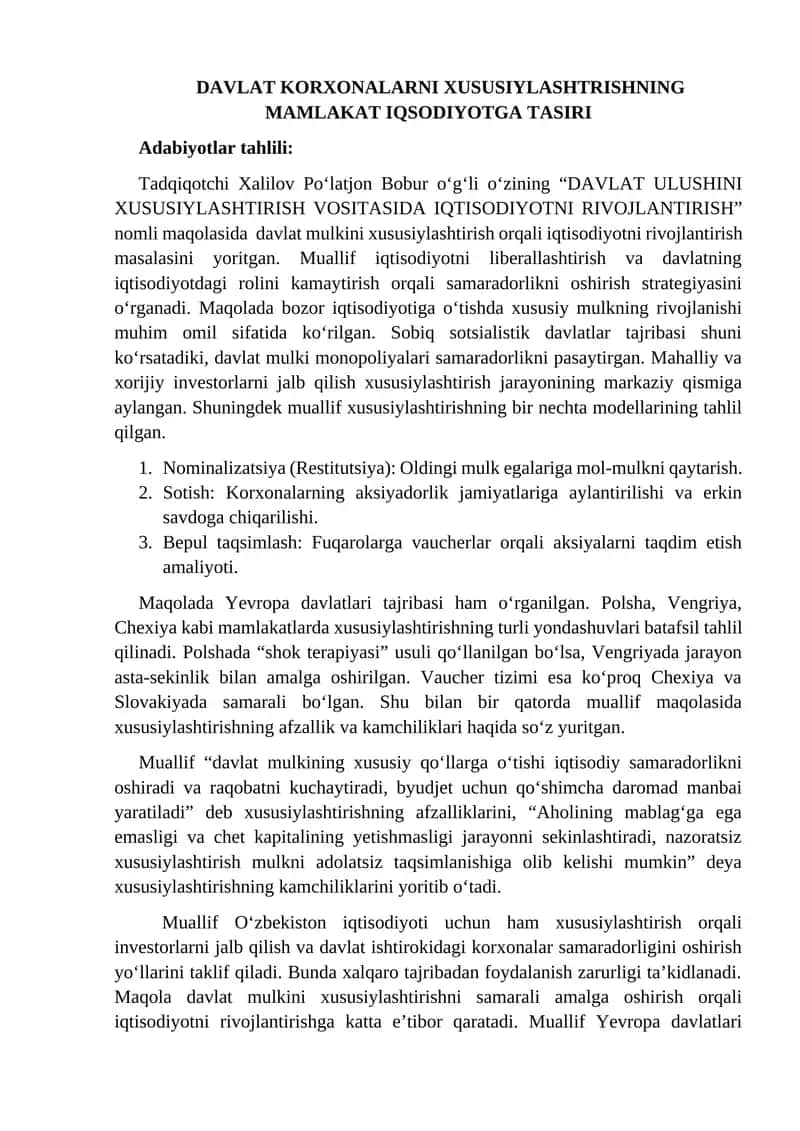 DAVLAT KORXONALARNI XUSUSIYLASHTRISHNING MAMLAKAT IQSODIYOTGA TASIRI 1