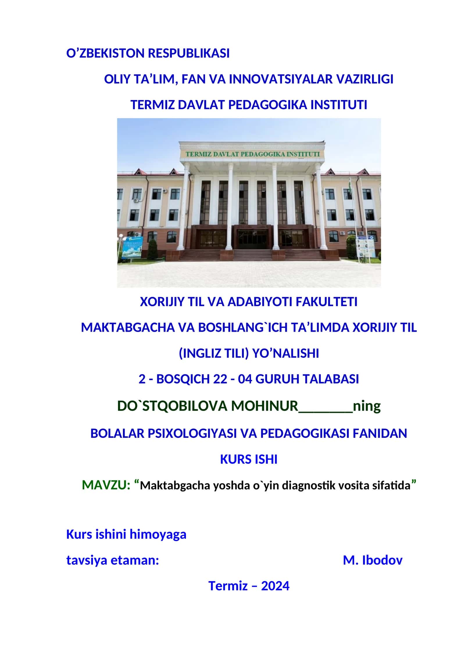 "Maktabgacha yoshda o`yin diagnostik vosita sifatida" 1