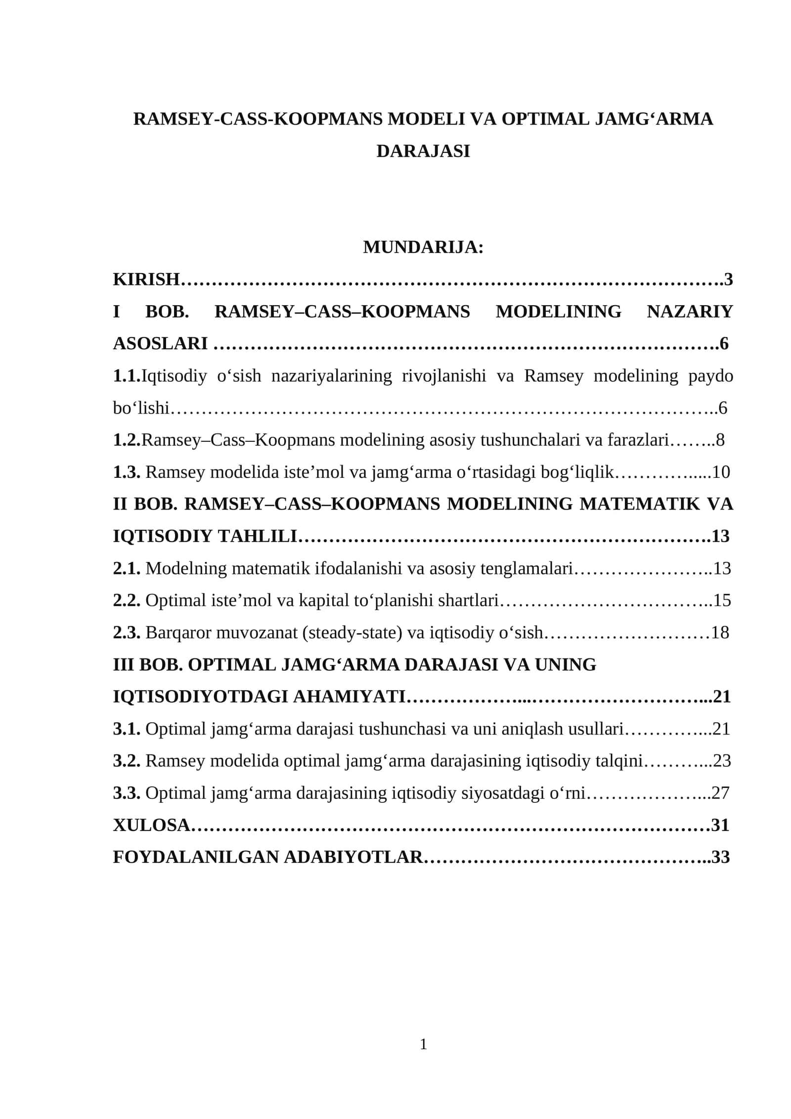 Ramsey-Cass-Koopmans modeli va optimal jamgʻarma darajasi 1
