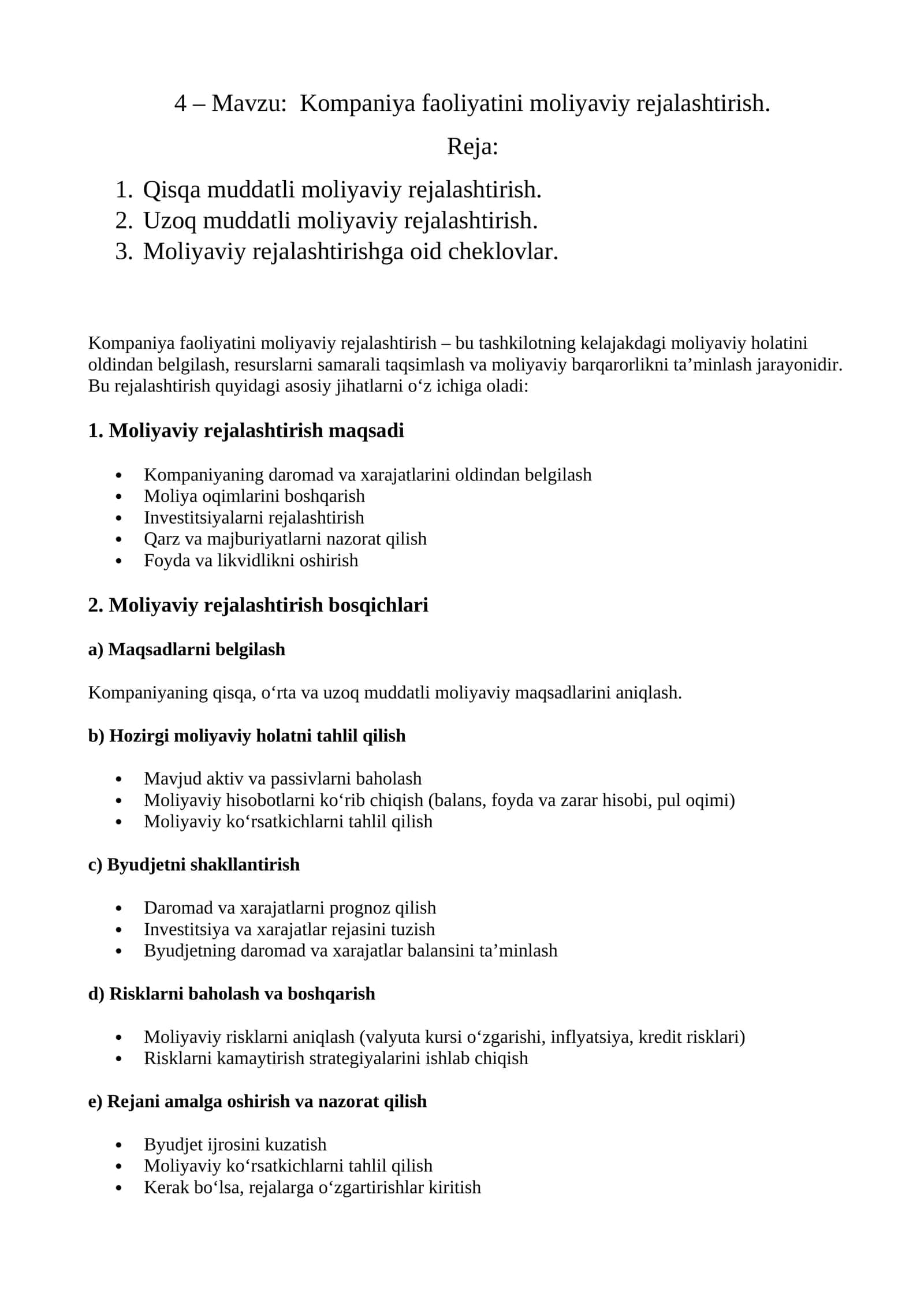 Kompaniya faoliyatini moliyaviy rejalashtirish 1