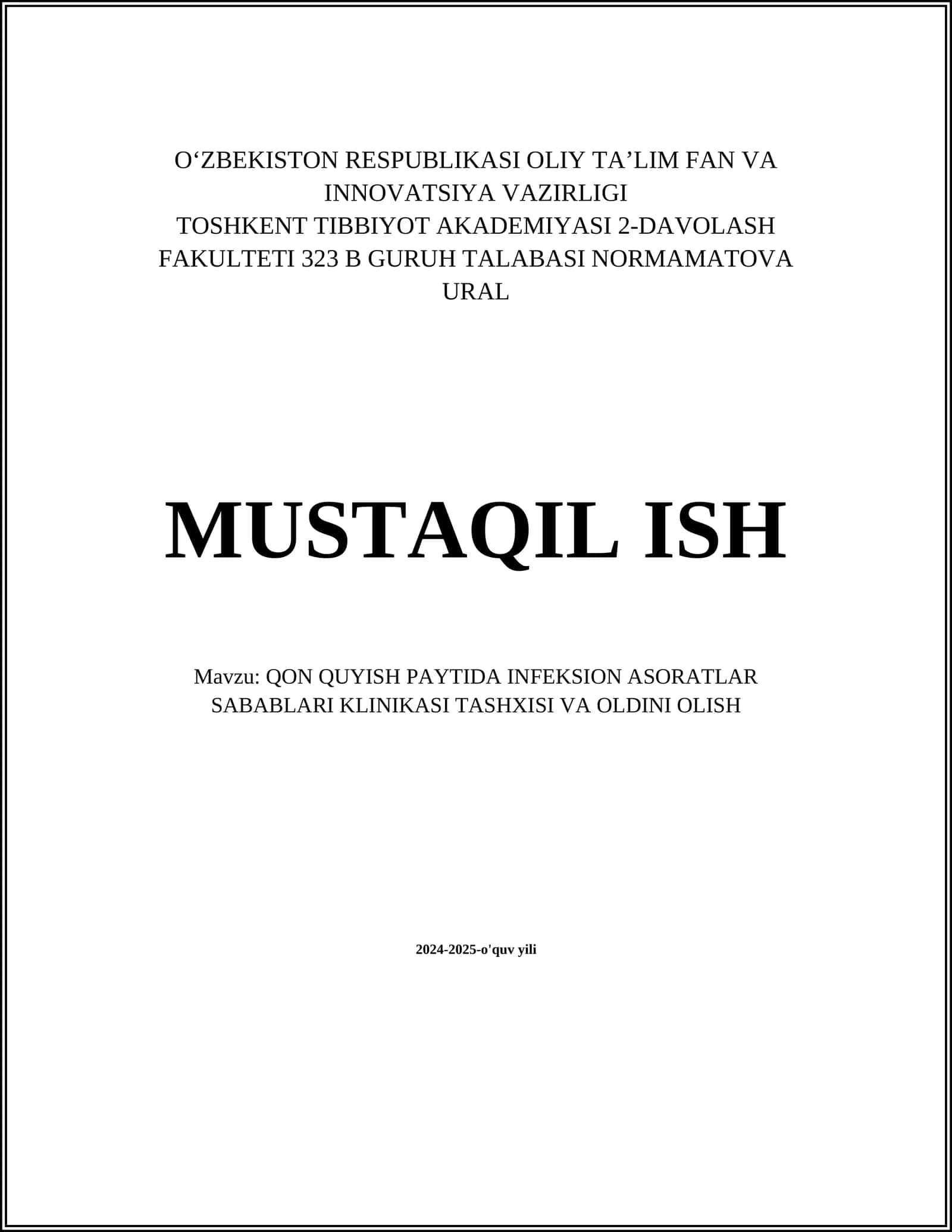 QON QUYISH PAYTIDA INFEKSION ASORATLAR SABABLARI KLINIKASI TASHXISI VA OLDINI OLISH 1