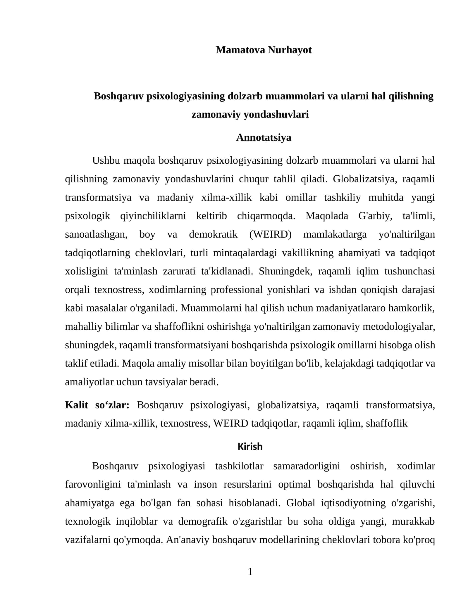 Boshqaruv psixologiyasining dolzarb muammolari va ularni hal qilishning zamonaviy yondashuvlari 1