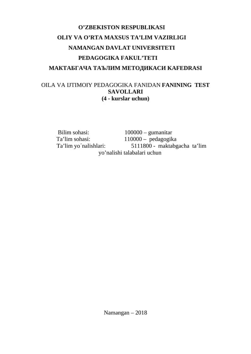 OILA VA IJTIMOIY PEDAGOGIKA FANIDAN FANINING TEST SAVOLLARI 1