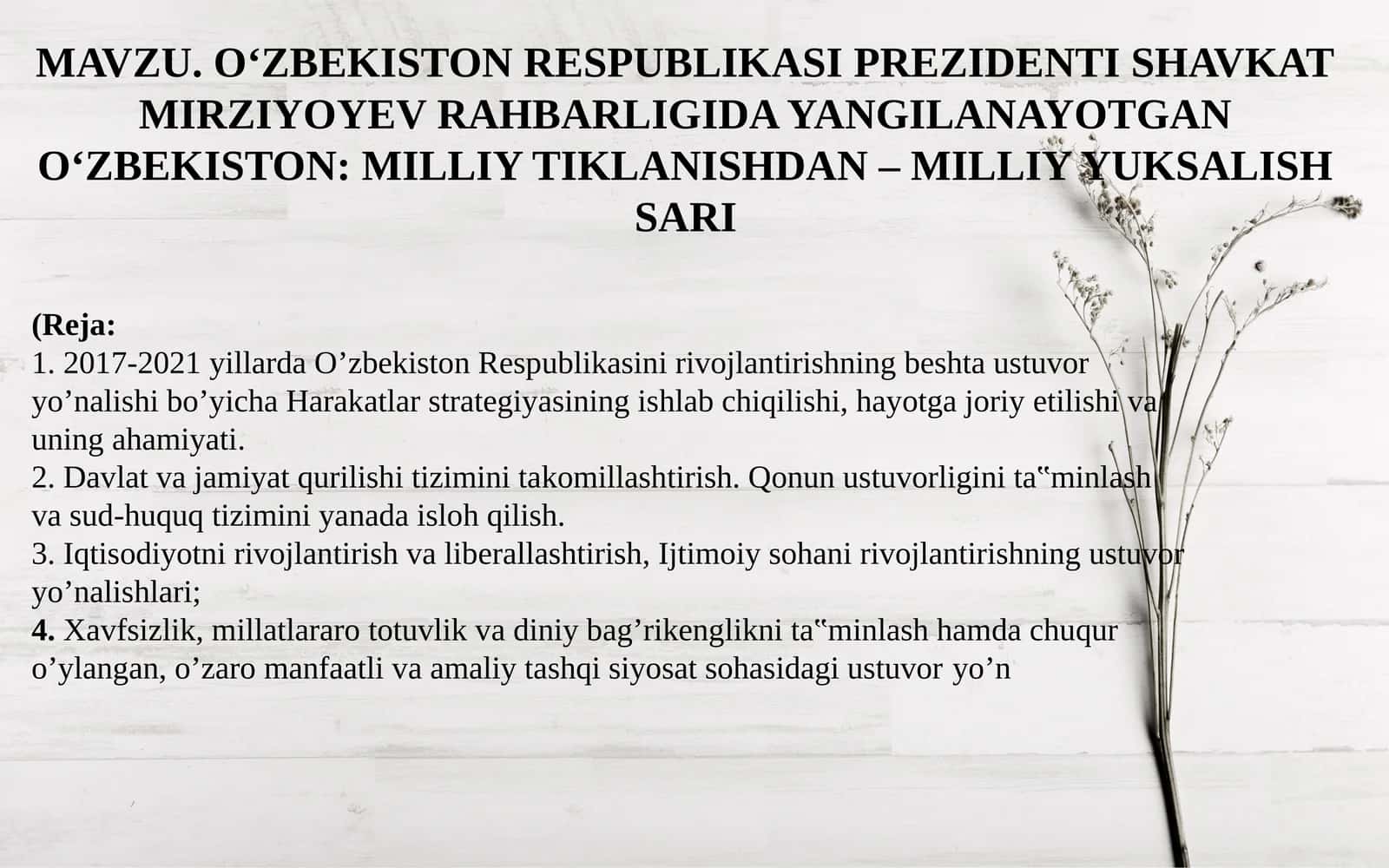 O‘ZBEKISTON: MILLIY TIKLANISHDAN – MILLIY YUKSALISH SARI 1