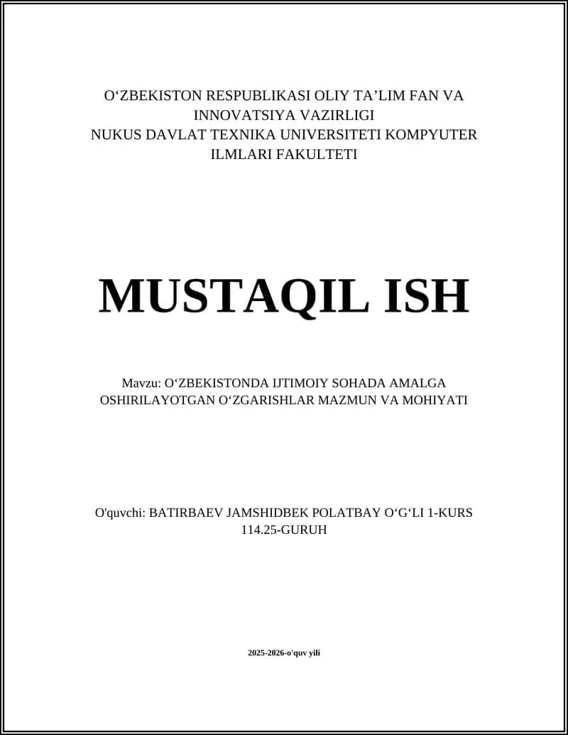 OʻZBEKISTONDA IJTIMOIY SOHADA AMALGA OSHIRILAYOTGAN OʻZGARISHLAR MAZMUN VA MOHIYATI 1