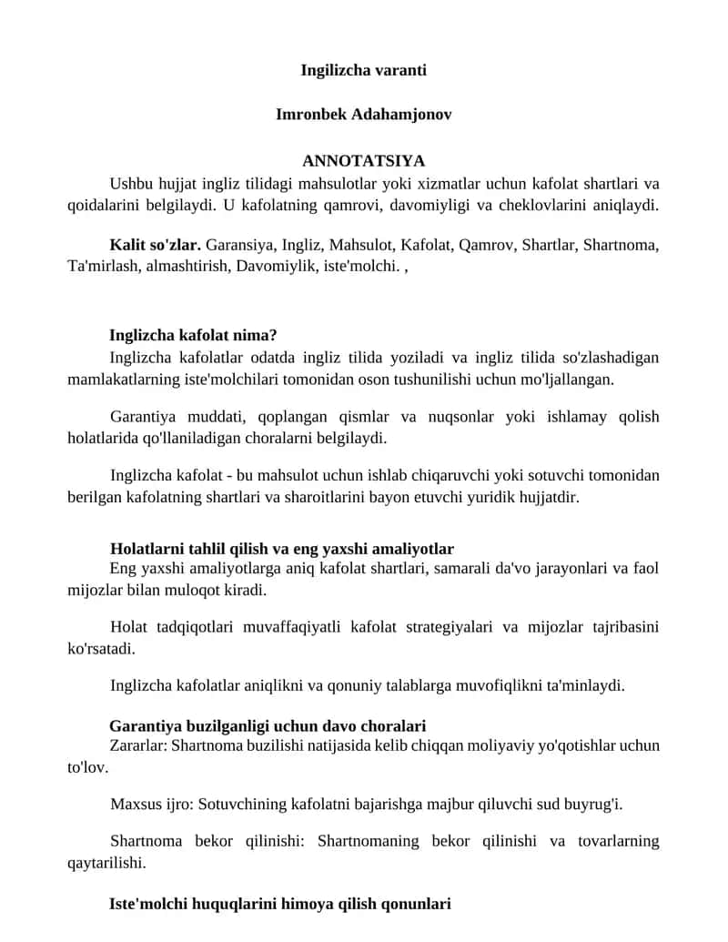 Inglizcha kafolat 1