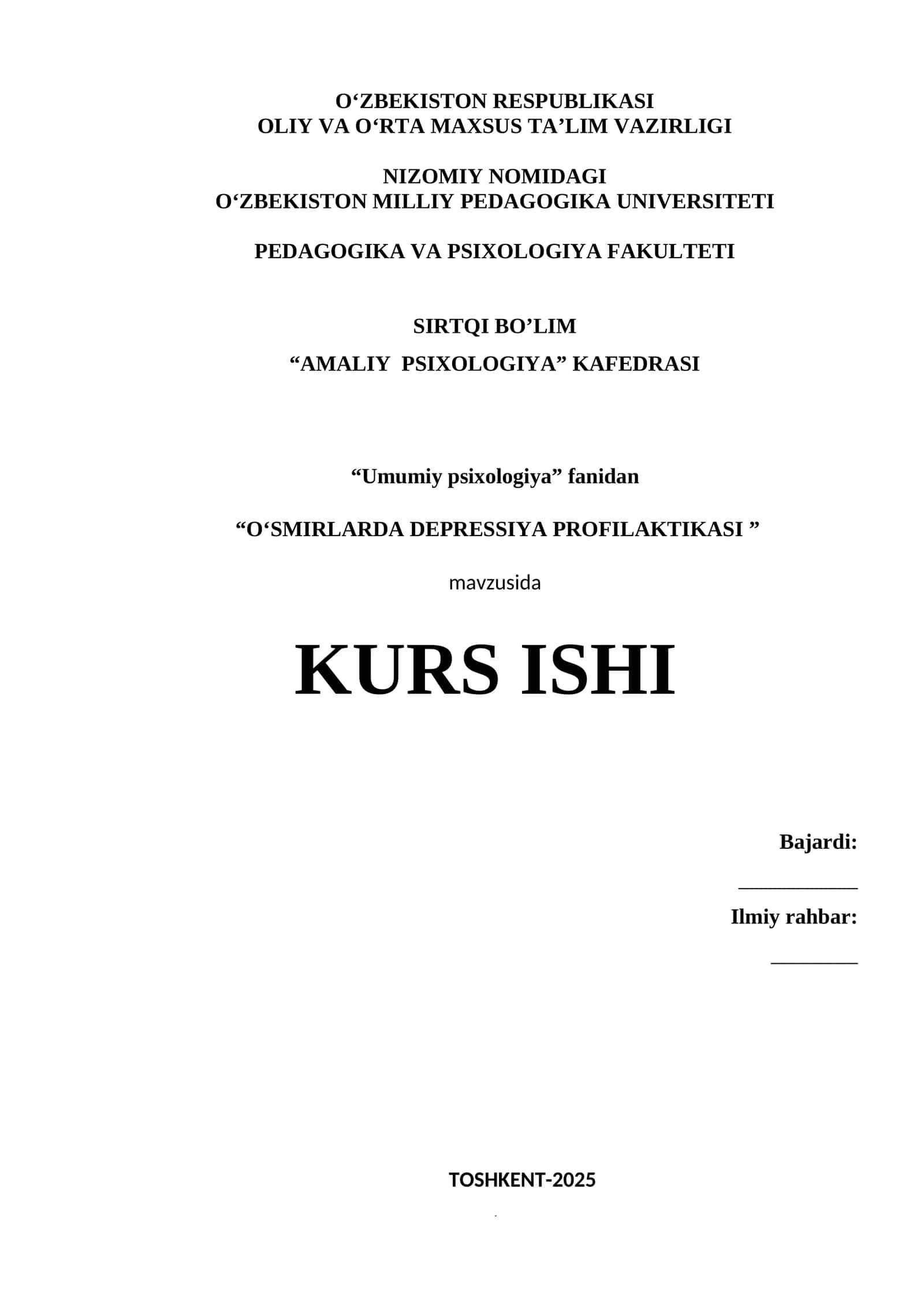 O'smirlarda depressiya profilaktikasi (kurs ishi) 1