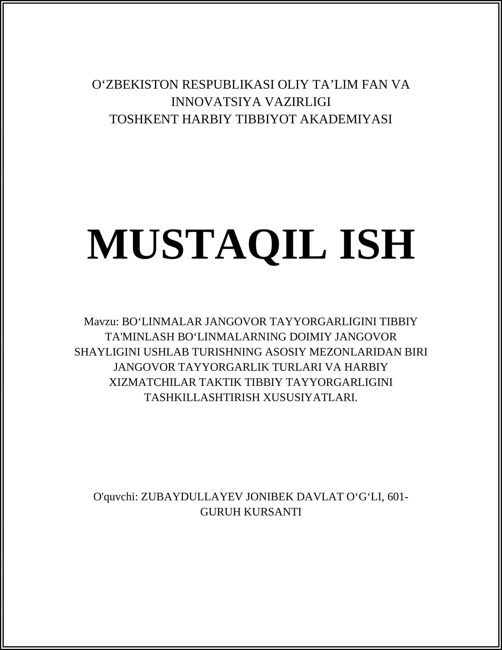 BOʻLINMALAR JANGOVOR TAYYORGARLIGINI TIBBIY TA'MINLASH BOʻLINMALARNING DOIMIY JANGOVOR SHAYLIGINI USHLAB TURISHNING ASOSIY MEZONLARIDAN BIRI JANGOVOR TAYYORGARLIK TURLARI VA HARBIY XIZMATCHILAR TAKTIK TIBBIY TAYYORGARLIGINI TASHKILLASHTIRISH XUSUSIYATLARI 1