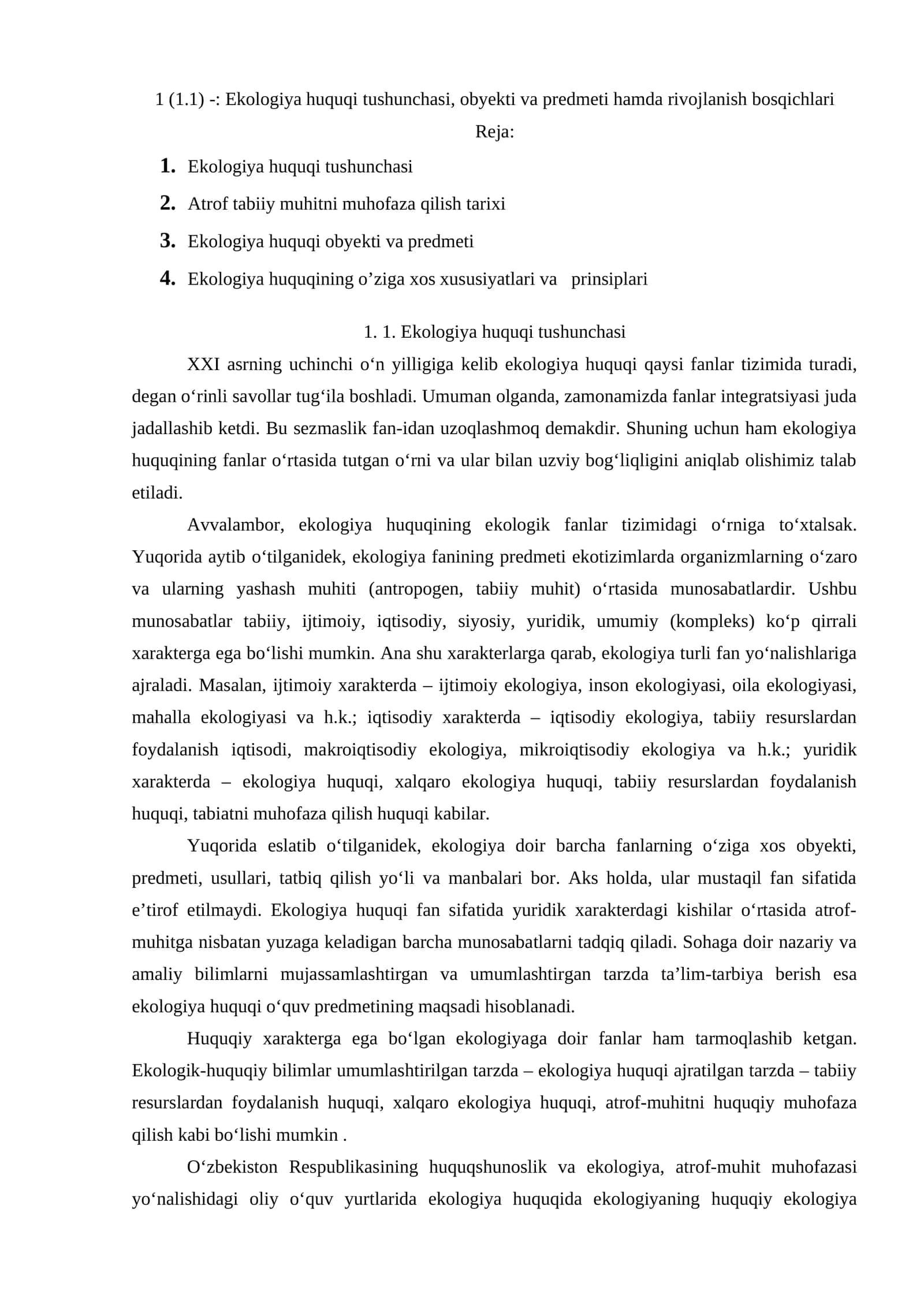 Ekologiya huquqi tushunchasi, obyekti va predmeti hamda rivojlanish bosqichlari 1