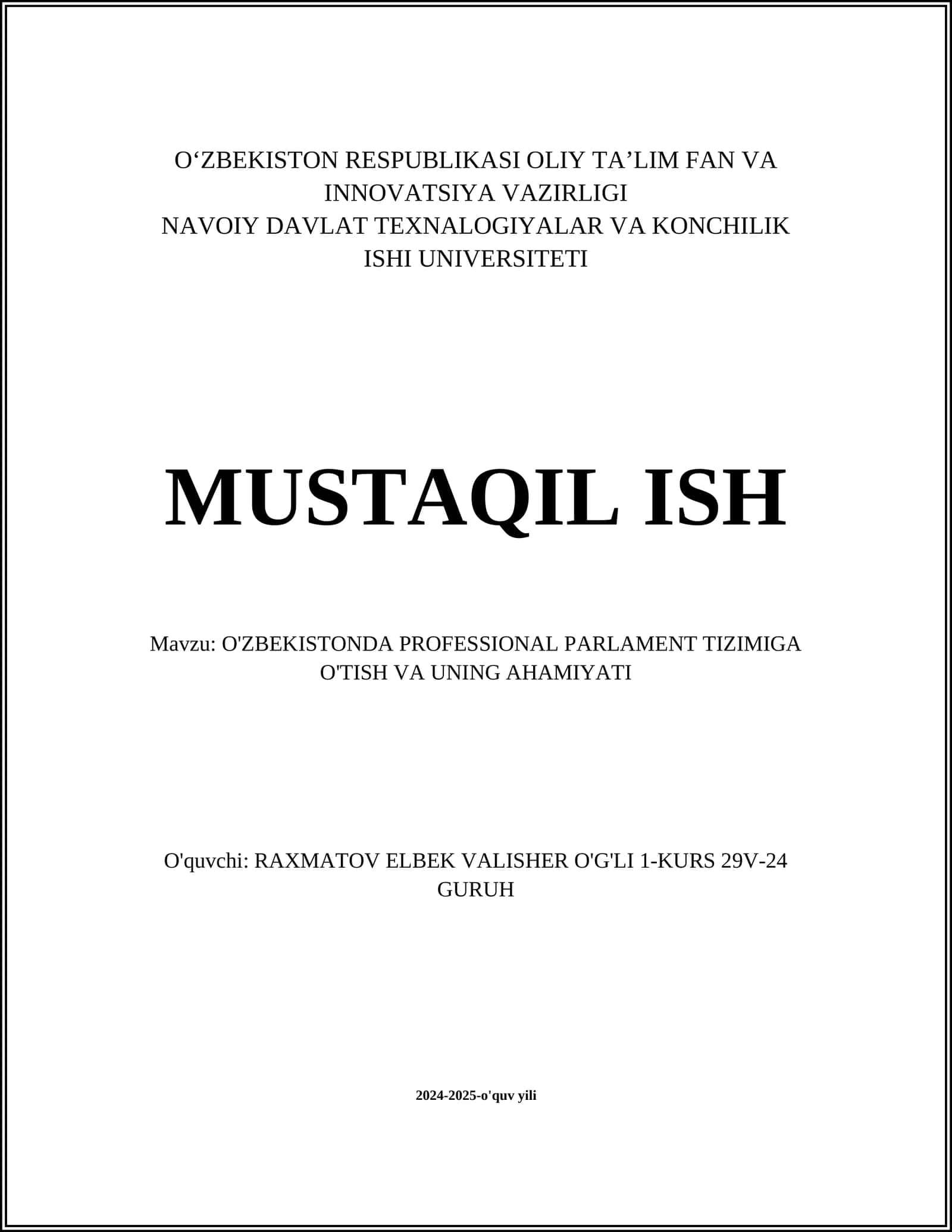 O'ZBEKISTONDA PROFESSIONAL PARLAMENT TIZIMIGA O'TISH VA UNING AHAMIYATI 1