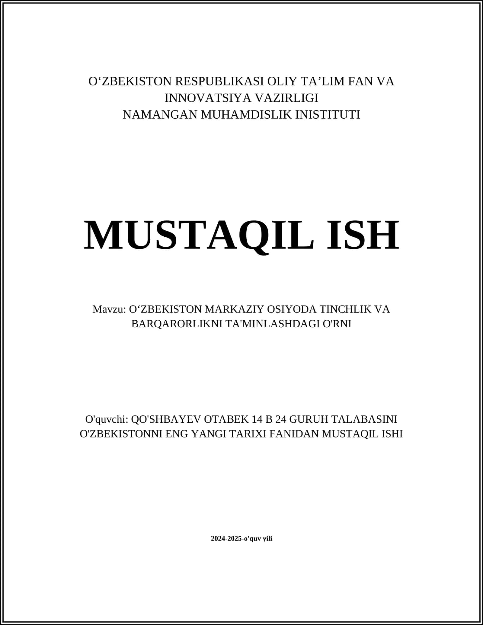 O'ZBEKISTON MARKAZIY OSIYODA TINCHLIK VA BARQARORLIKNI TA'MINLASH 1