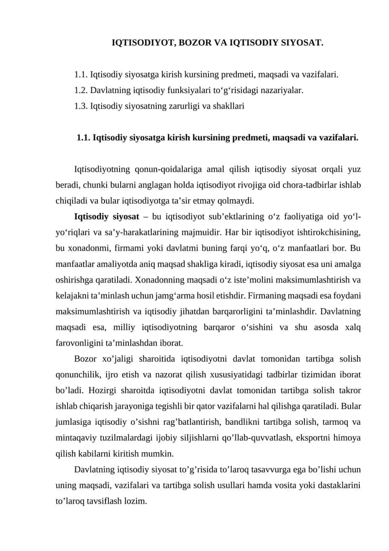 IQTISODIYOT, BOZOR VA IQTISODIY SIYOSAT 1