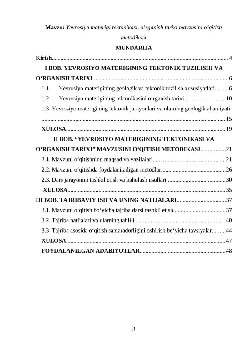 Yevrosiyo materigi tektonikasi, o’rganish tarixi mavzusini o’qitish metodikasi 1