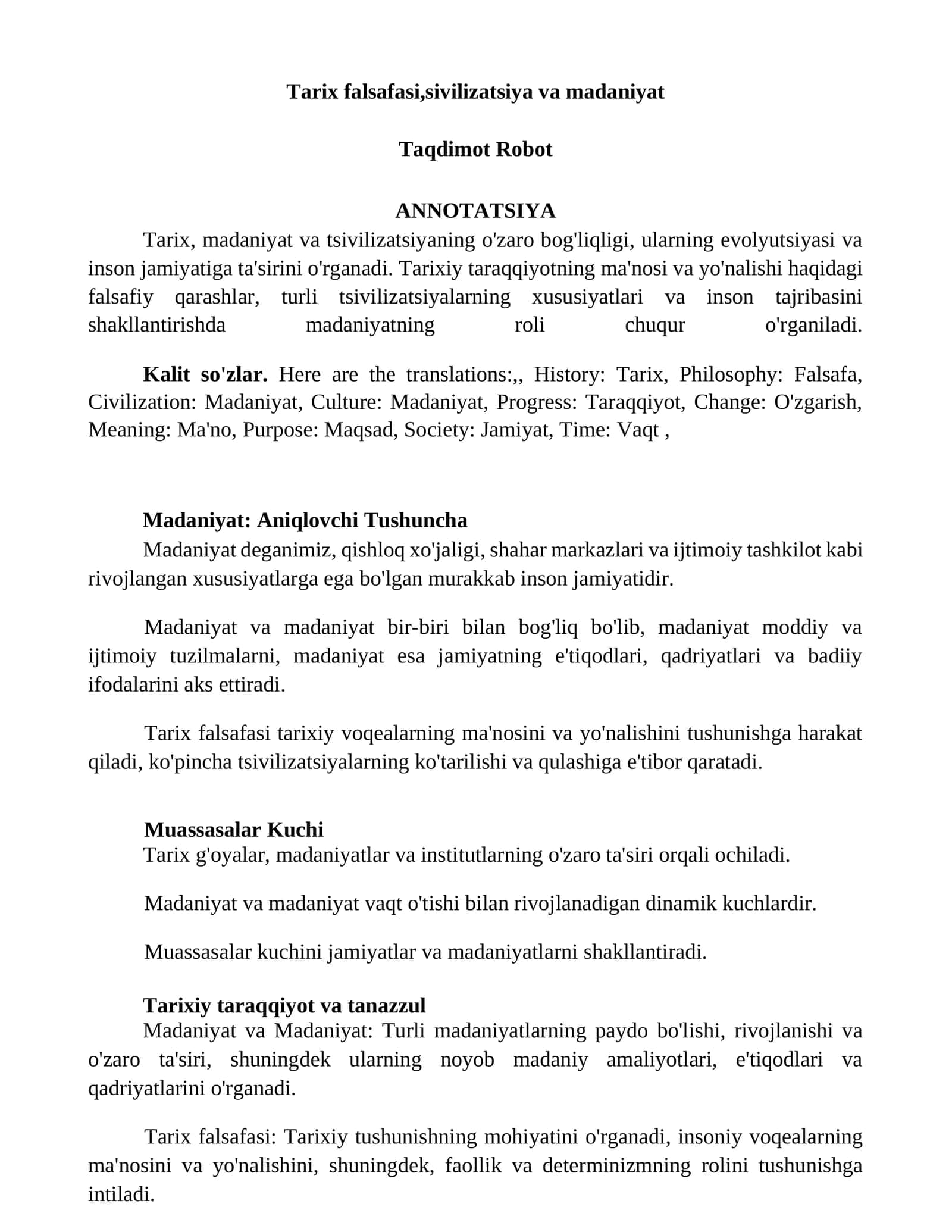 Tarix falsafasi, sivilizatsiya va madaniyat 1