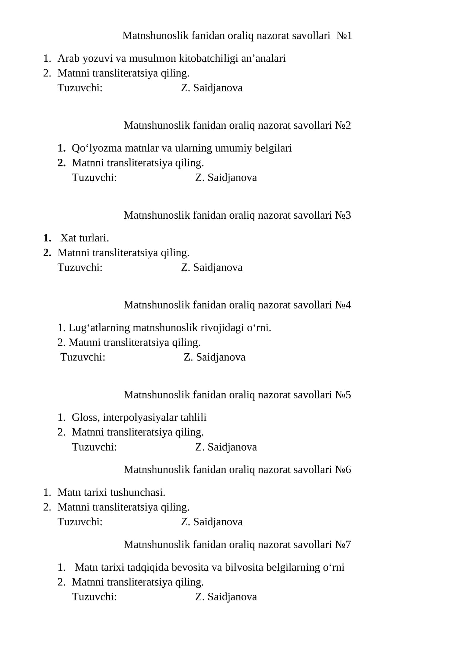Matnshunoslik fanidan oraliq nazorat savollari №1 1