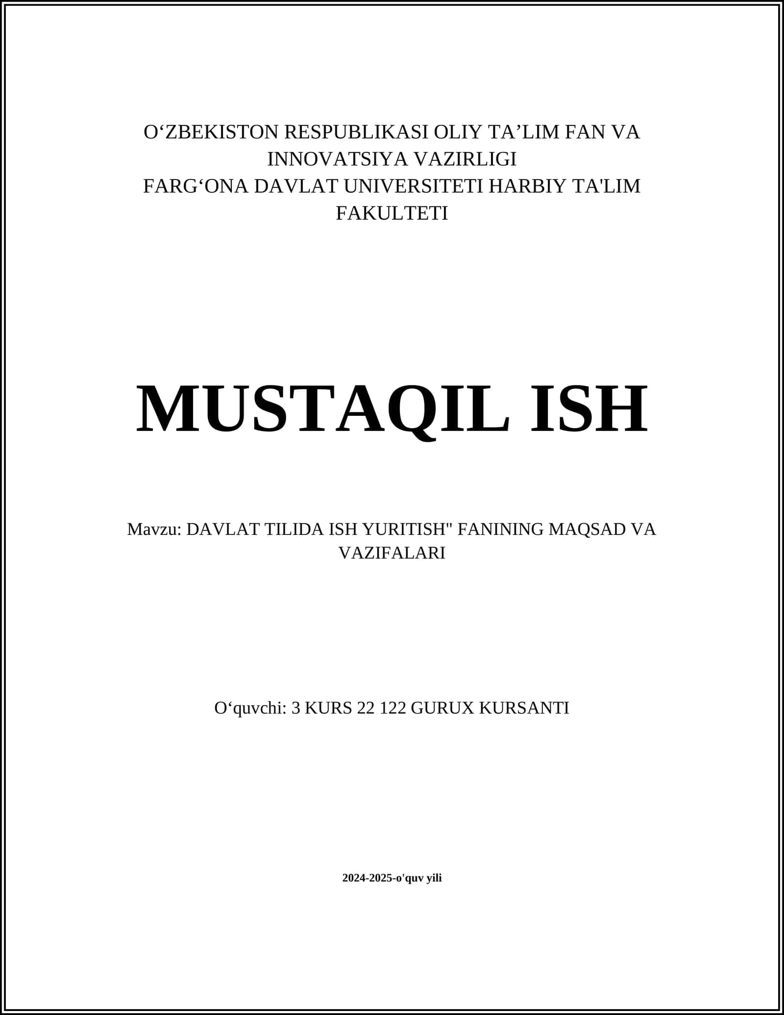 DAVLAT TILIDA ISH YURITISH" FANINING MAQSAD VA VAZIFALARI 1