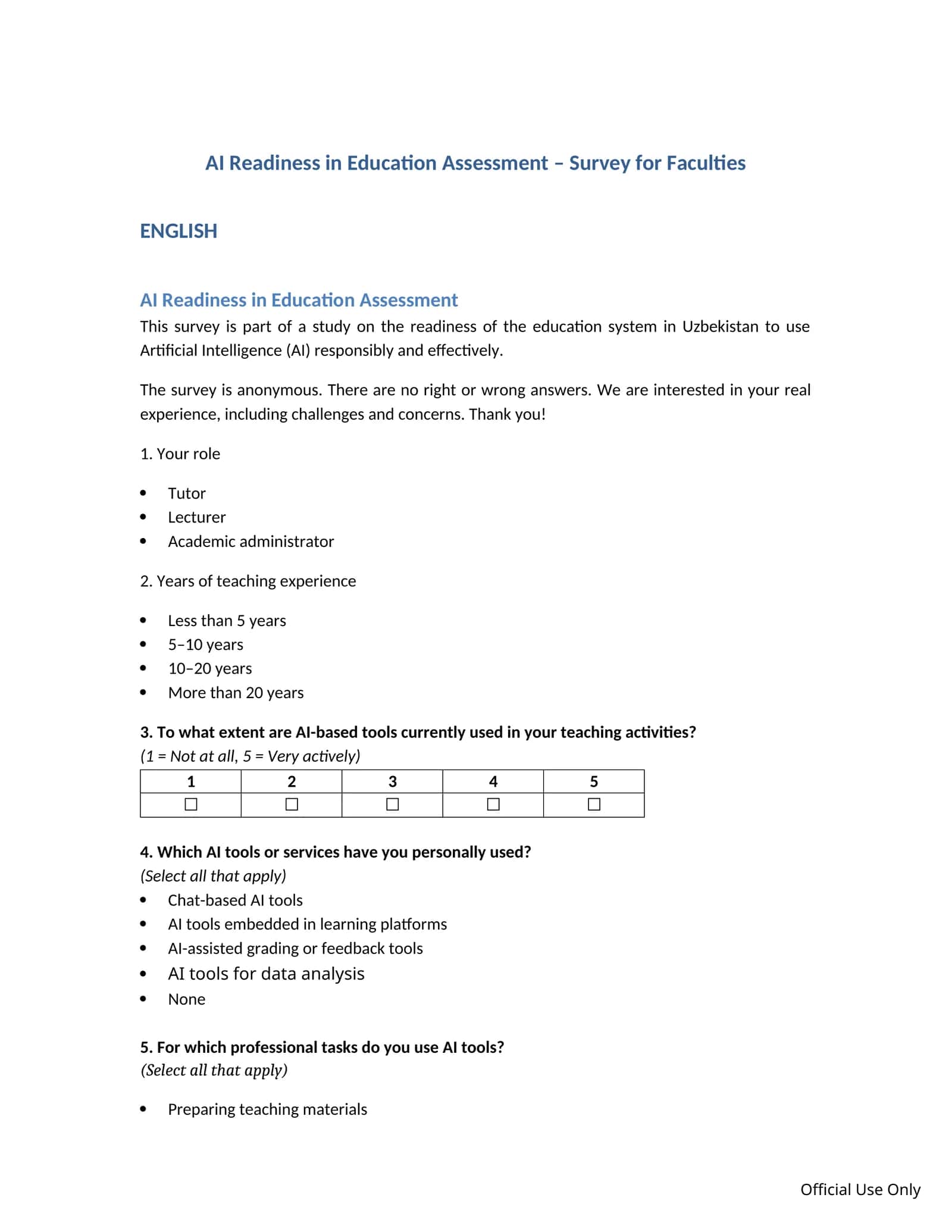 AI Readiness in Education Assessment – Survey for Faculties 1