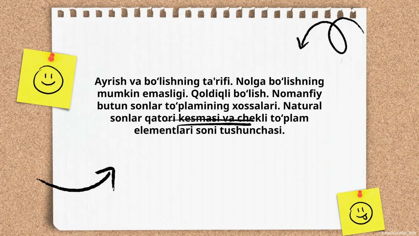 Ayrish va boʻlishning ta'rifi. Nolga boʻlishning mumkin emasligi. Qoldiqli boʻlish. Nomanfiy butun sonlar toʻplamining xossalari. Natural sonlar qatori kesmasi va chekli toʻplam elementlari soni tushunchasi 1
