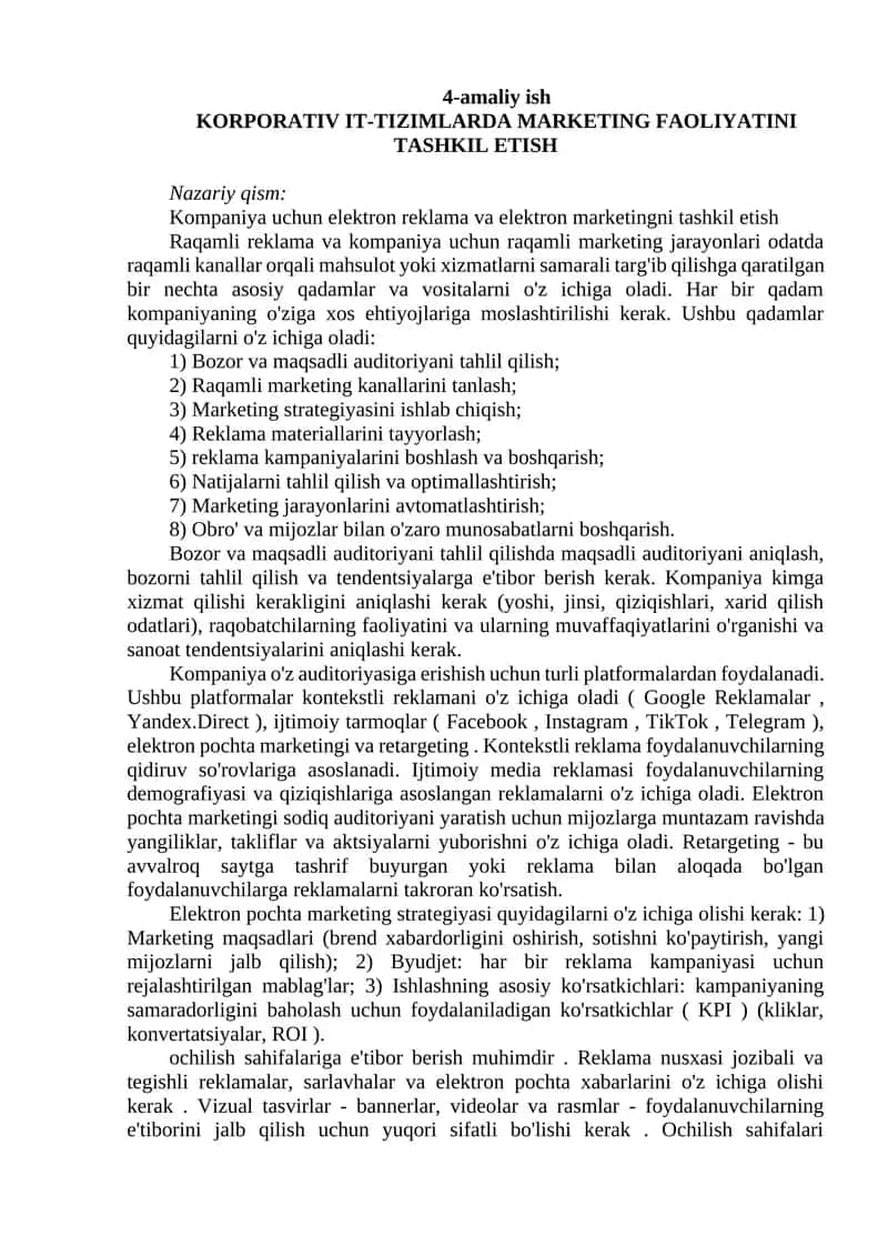 KORPORATIV IT-TIZIMLARDA MARKETING FAOLIYATINI TASHKIL ETISH 1