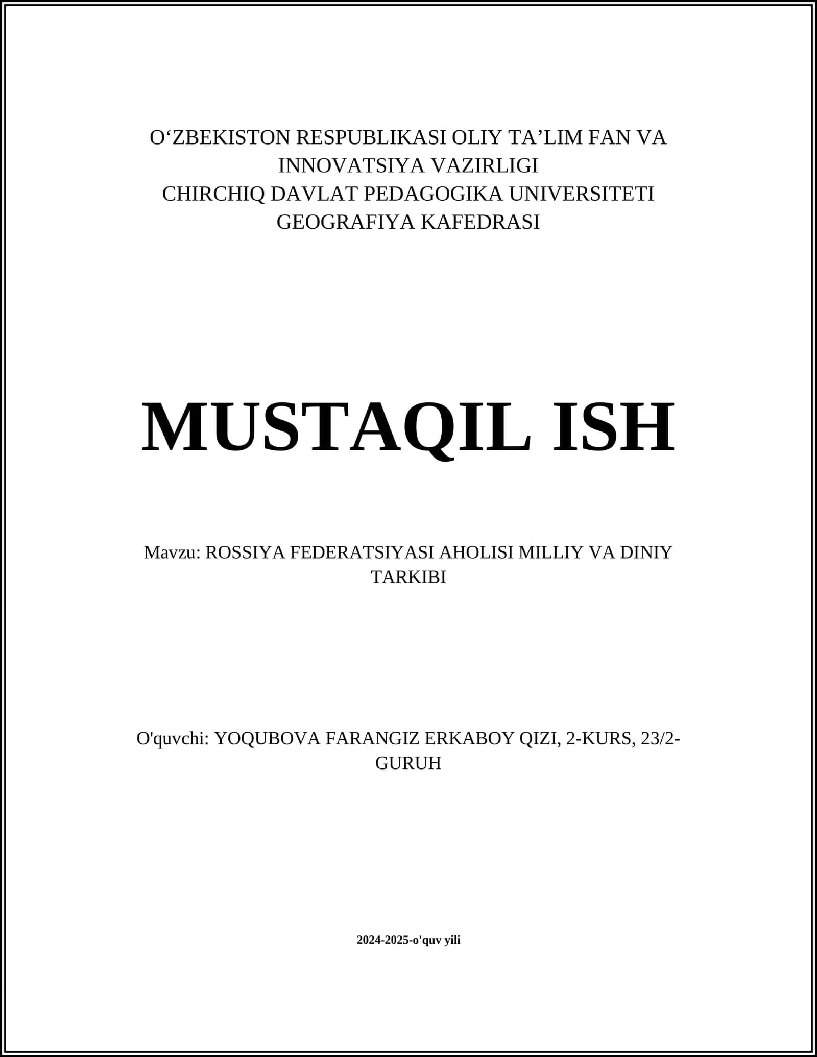 ROSSIYA FEDERATSIYASI AHOLISI MILLIY VA DINIY TARKIBI 1