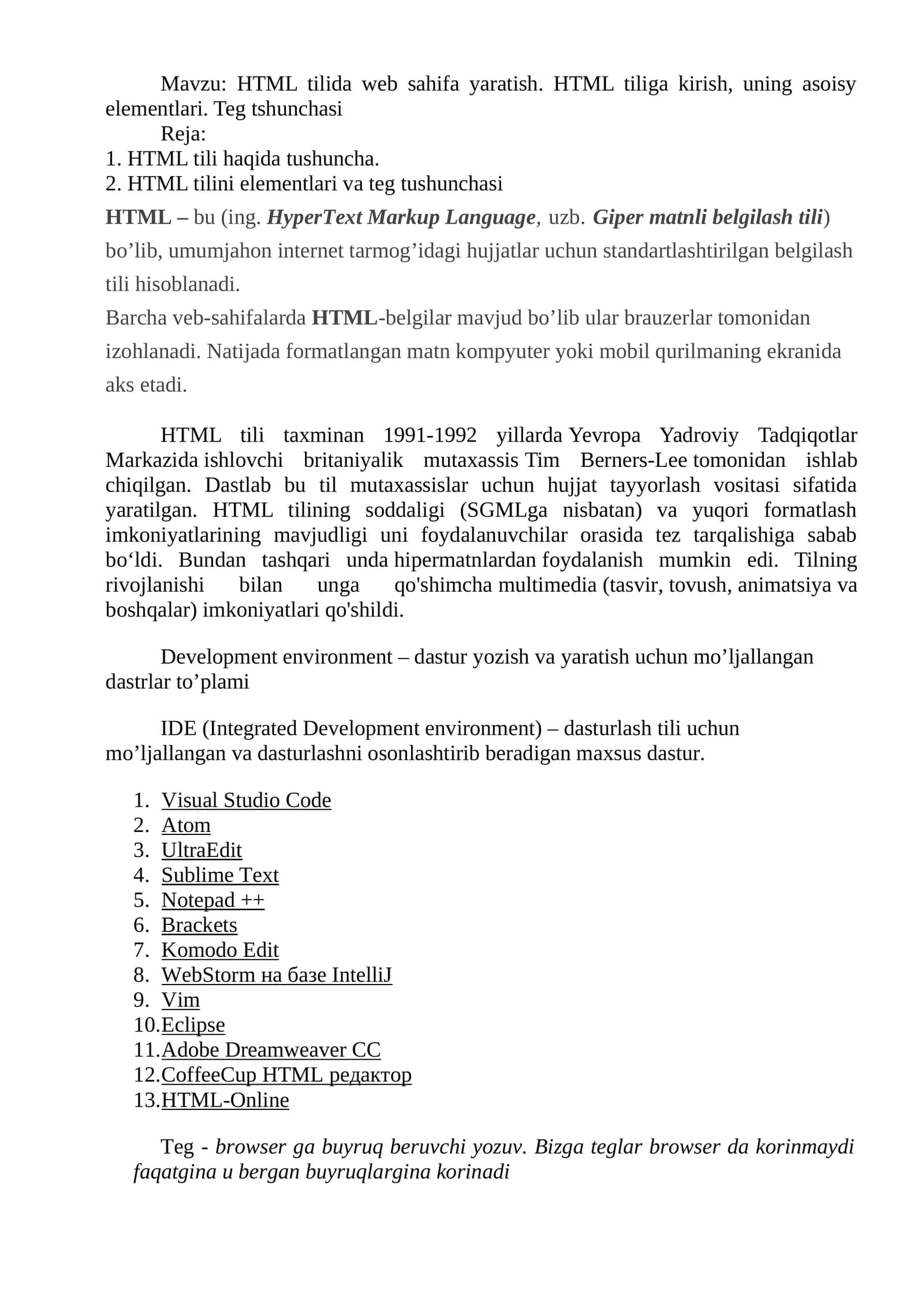 HTML tilida web sahifa yaratish. HTML tiliga kirish, uning asoisy elementlari. Teg tshunchasi 1