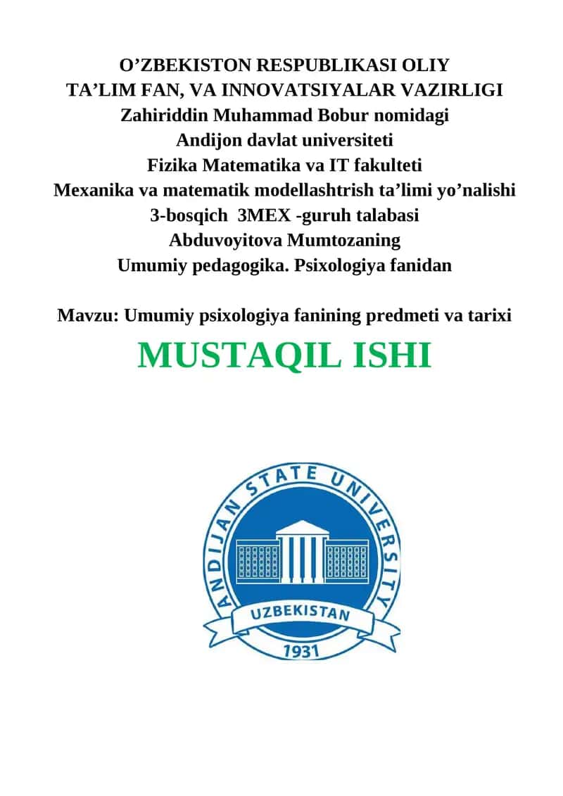 Umumiy psixologiya fanining predmeti va tarixi 1