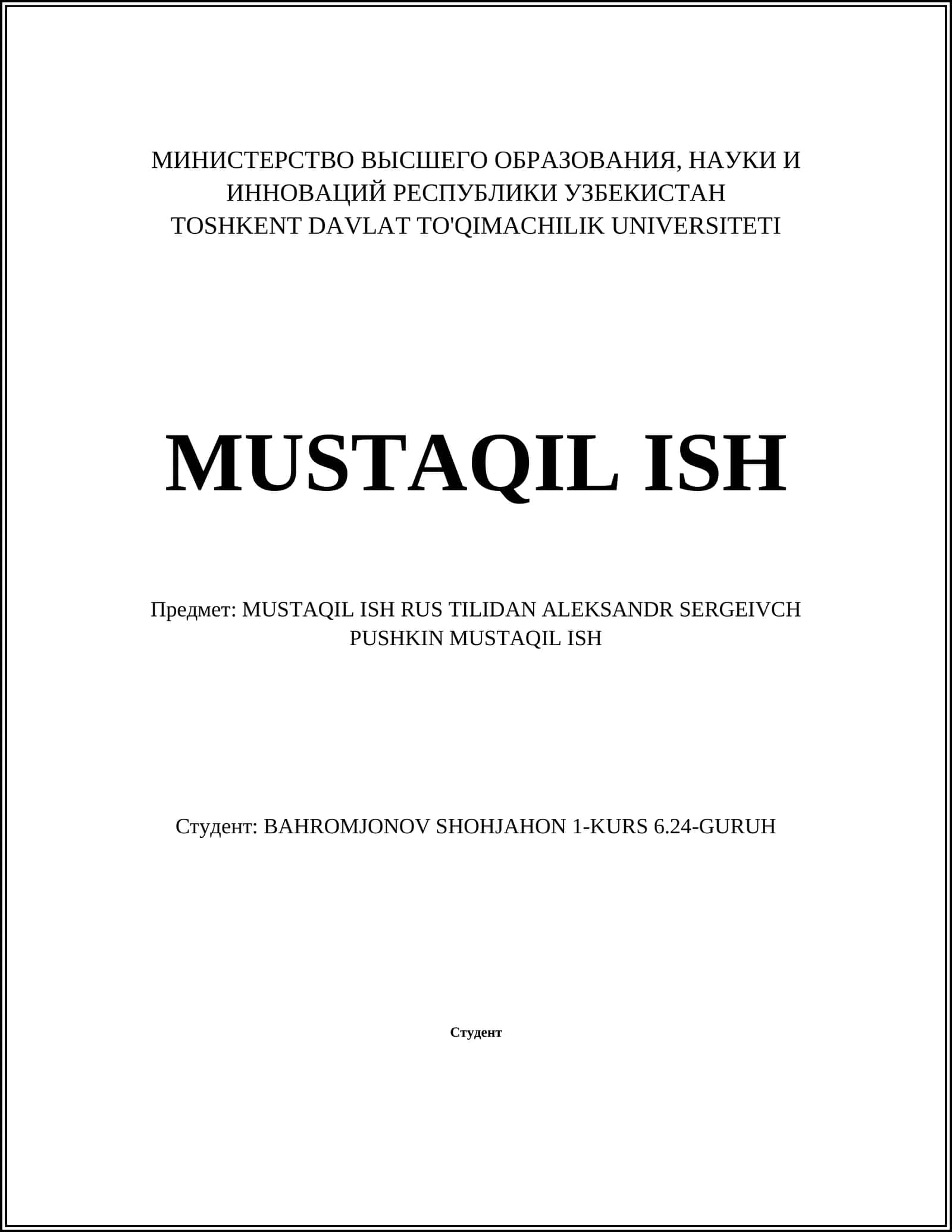 MUSTAQIL ISH RUS TILIDAN ALEKSANDR SERGEIVCH PUSHKIN MUSTAQIL ISH 1