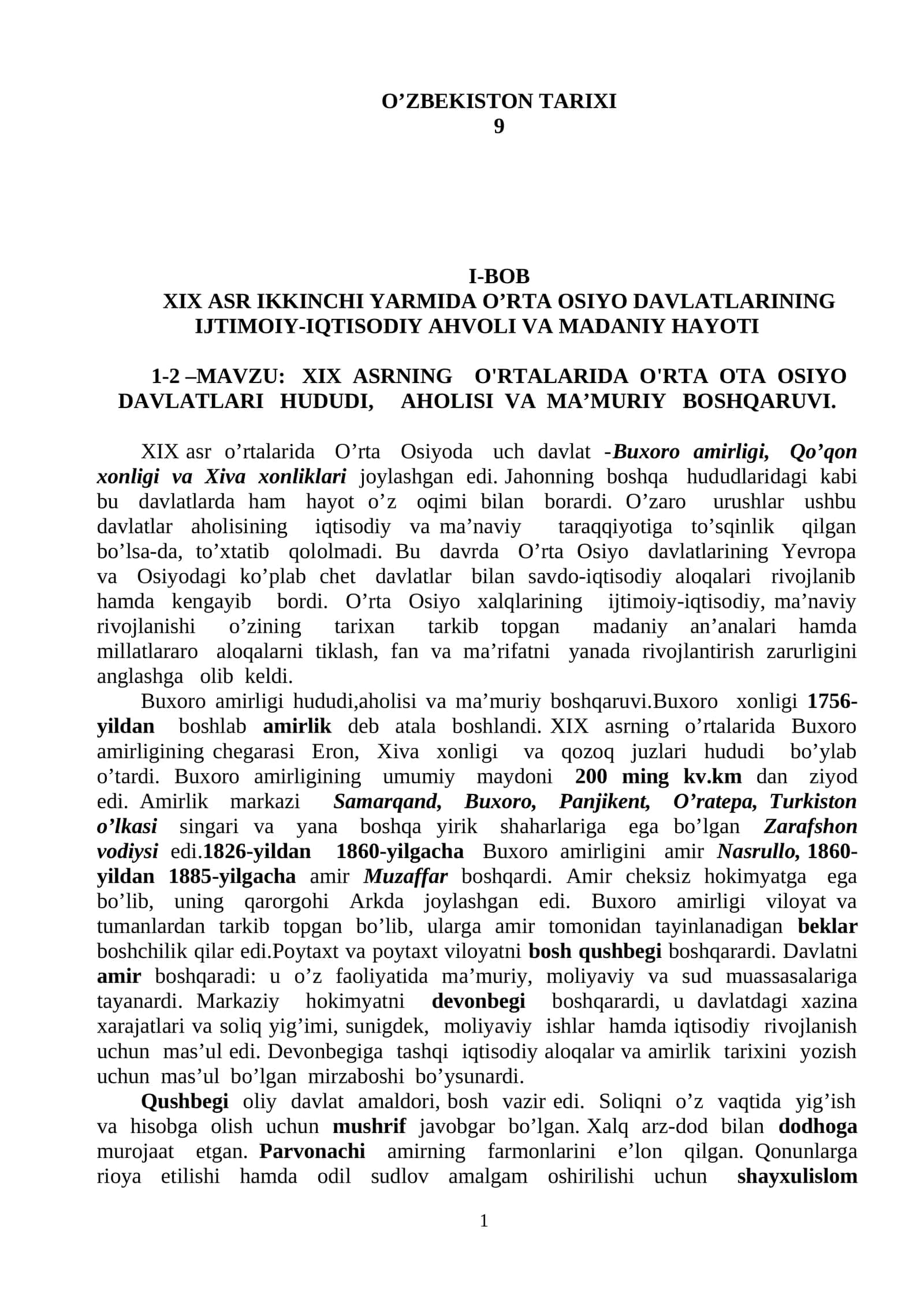 XIX ASR IKKINCHI YARMIDA O’RTA OSIYO DAVLATLARINING IJTIMOIY-IQTISODIY AHVOLI VA MADANIY HAYOTI 1