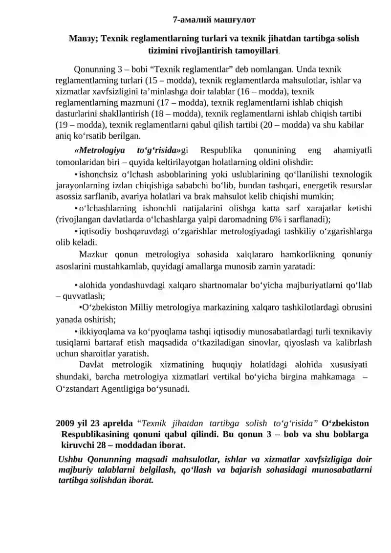 Texnik reglamentlarning turlari va texnik jihatdan tartibga solish tizimini rivojlantirish tamoyillari