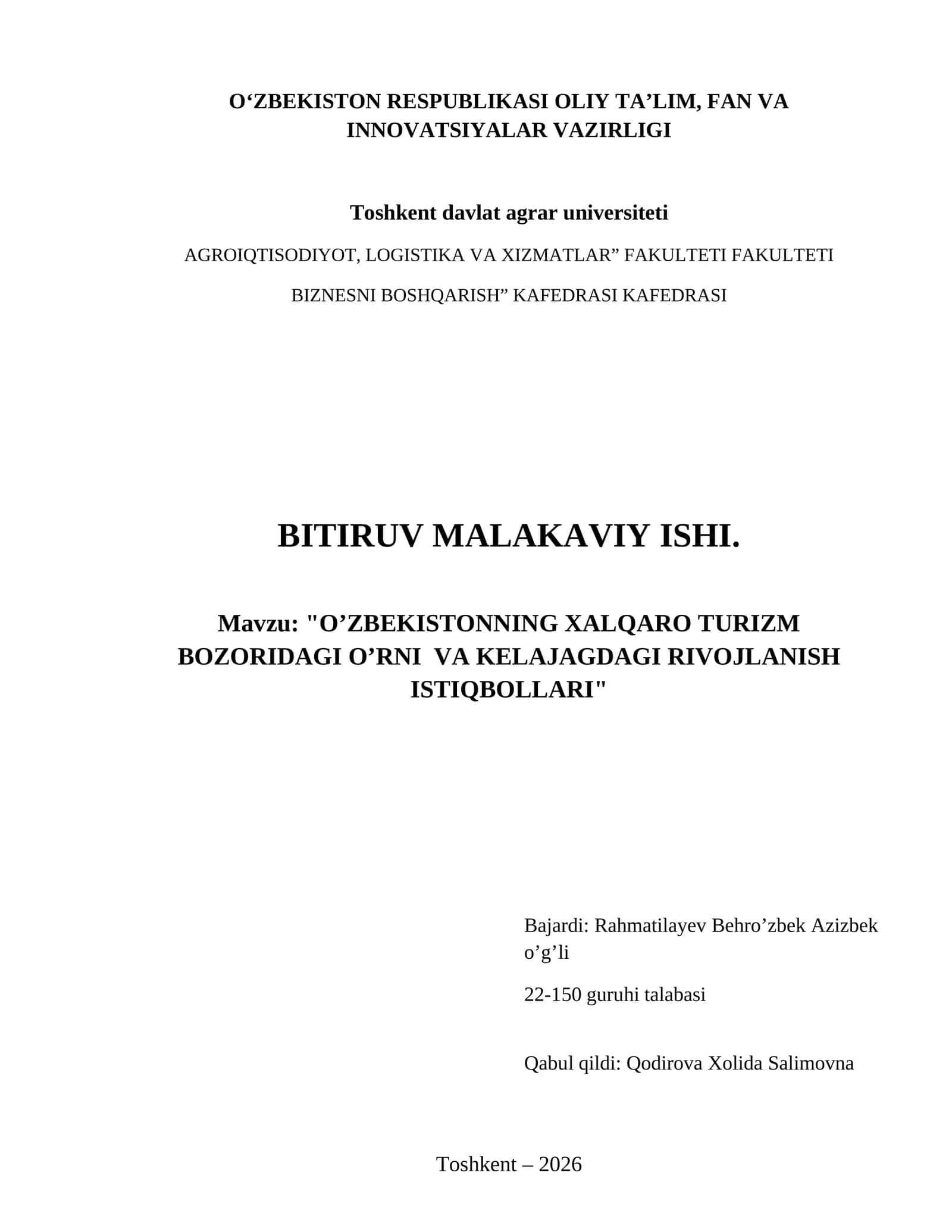 O’zbekistonning xalqaro turizm bozoridagi o’rni  va kelajagdagi rivojlanish istiqbollari 1