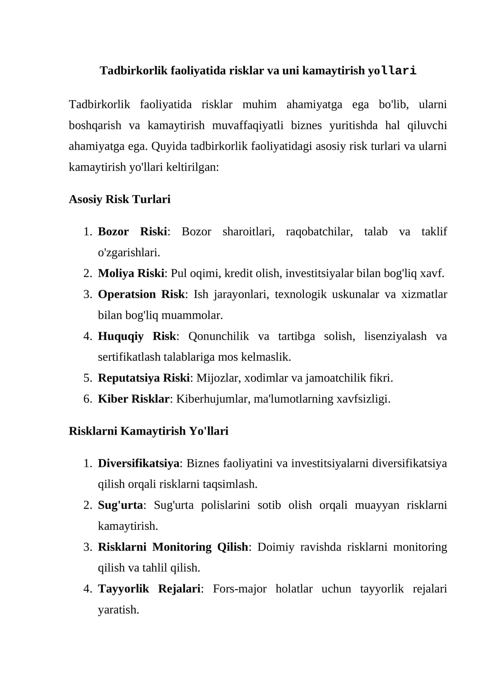 Tadbirkorlik faoliyatida risklar va uni kamaytirish yollari 1
