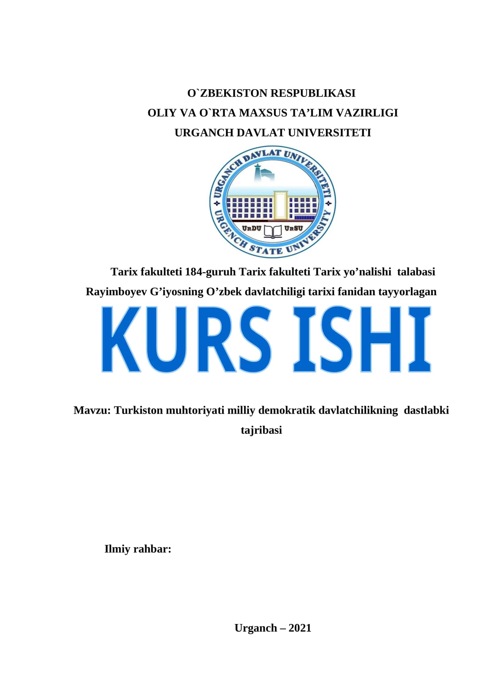 Turkiston muhtoriyati milliy demokratik davlatchilikning dastlabki tajribasi 1