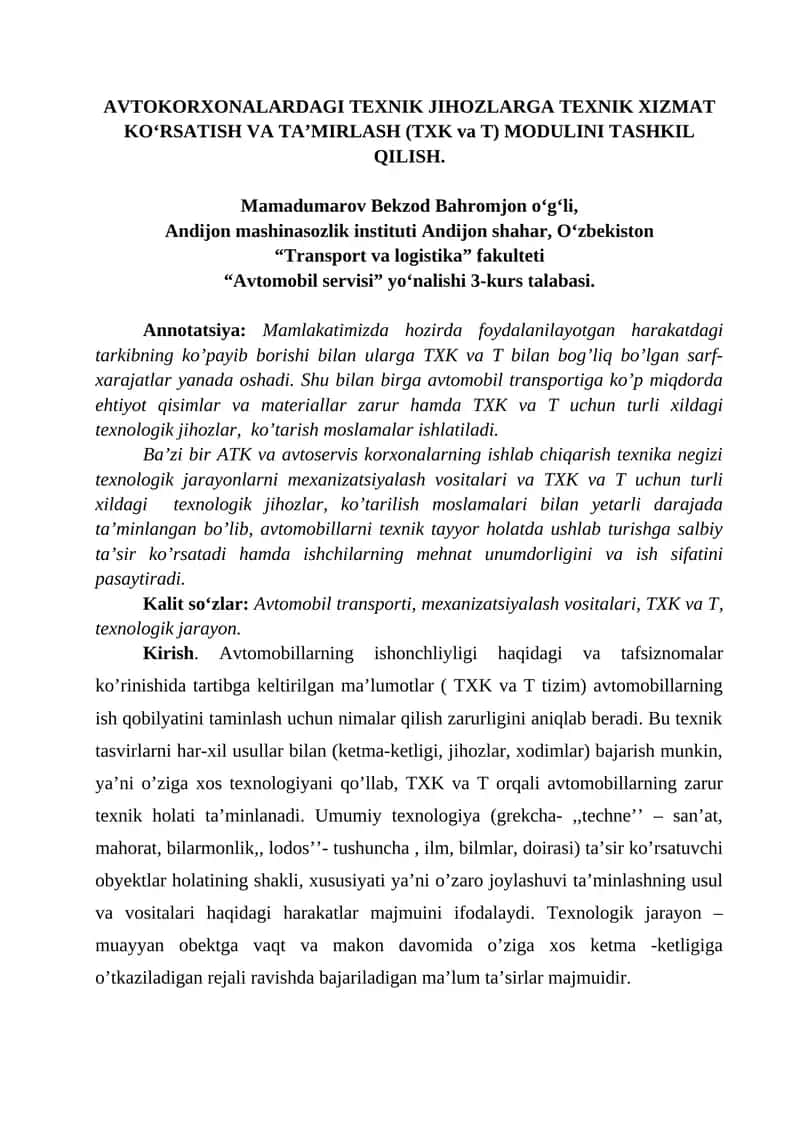 AVTOKORXONALARDAGI TEXNIK JIHOZLARGA TEXNIK XIZMAT KO‘RSATISH VA TA’MIRLASH (TXK va T) MODULINI TASHKIL QILISH 1