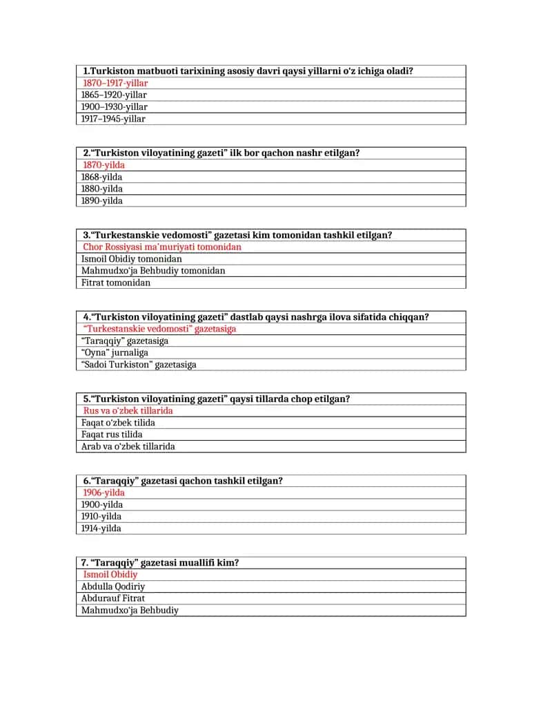 turkiston matbuoti tarixi fanidan test (to'g'ri javoblar qizil rangda berilgan ) 1