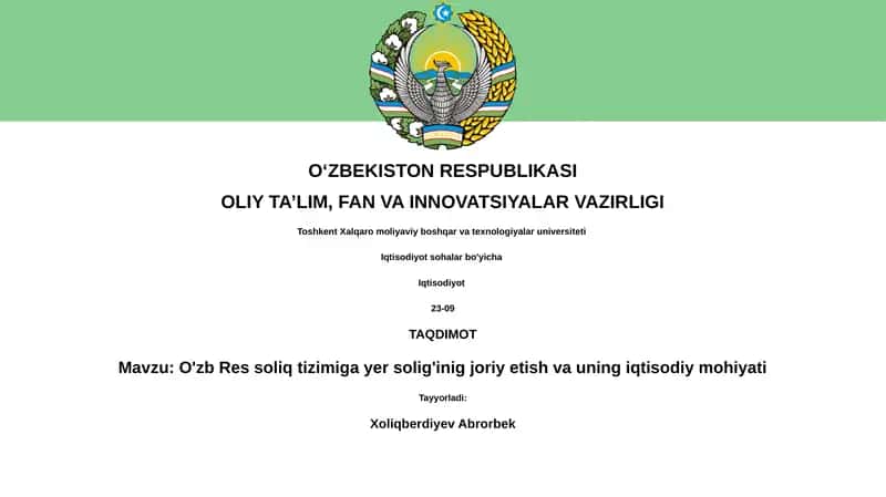 O'zb Res soliq tizimiga yer solig'inig joriy etish va uning iqtisodiy mohiyati 1